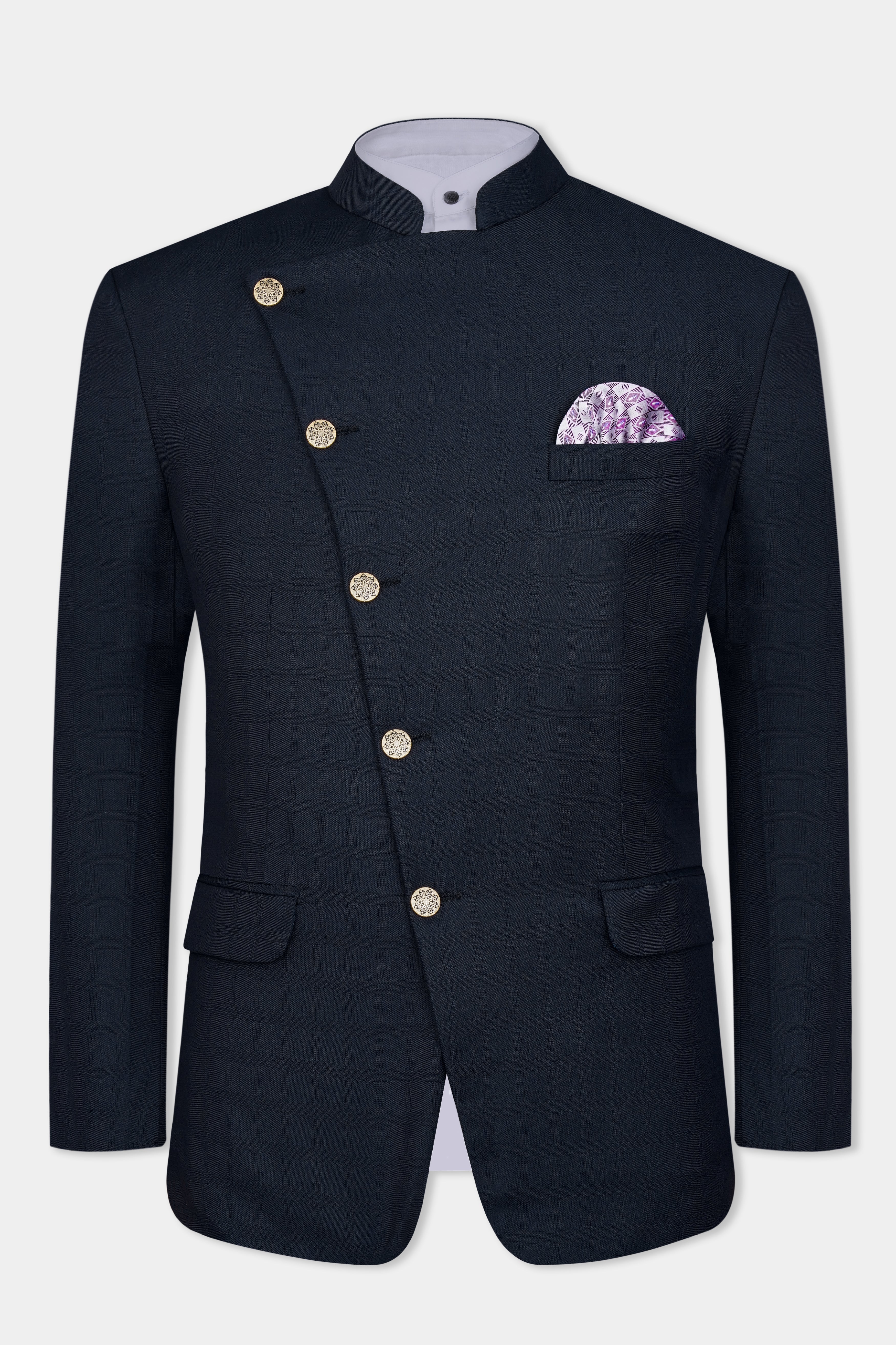 Baltic Blue Subtle Checkered Cross Buttoned Bandhgala Wool Rich Blazer BL3098-CBG-36, BL3098-CBG-38, BL3098-CBG-40, BL3098-CBG-42, BL3098-CBG-44, BL3098-CBG-46, BL3098-CBG-48, BL3098-CBG-50, BL3098-CBG-52, BL3098-CBG-54, BL3098-CBG-56, BL3098-CBG-58, BL3098-CBG-60