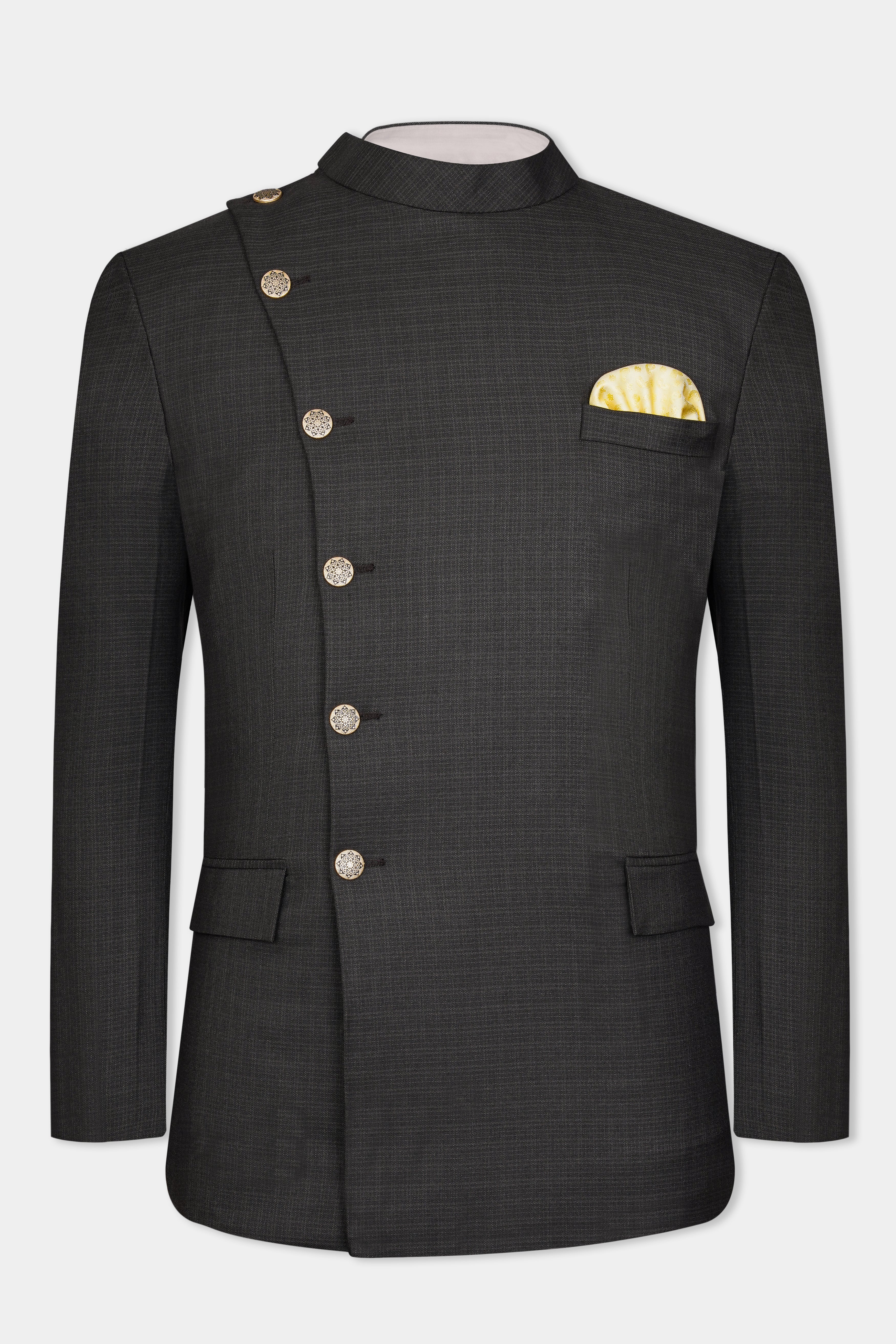 Zeus Black Subtle Checkered Wool Rich Cross Buttoned Bandhgala Blazer BL3100-CBG2-36, BL3100-CBG2-38, BL3100-CBG2-40, BL3100-CBG2-42, BL3100-CBG2-44, BL3100-CBG2-46, BL3100-CBG2-48, BL3100-CBG2-50, BL3100-CBG2-52, BL3100-CBG2-54, BL3100-CBG2-56, BL3100-CBG2-58, BL3100-CBG2-60