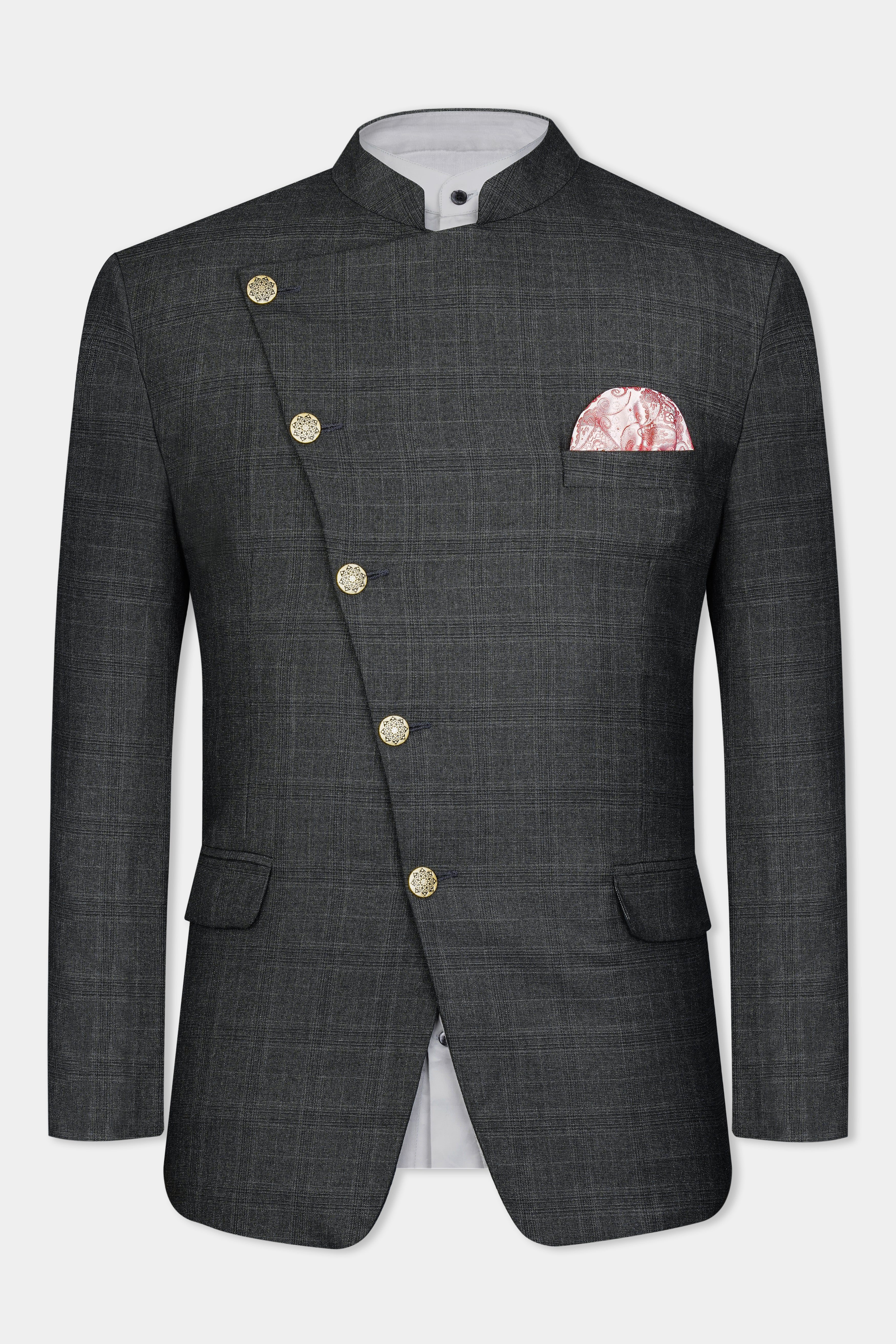 Iridium Gray Subtle Checkered Wool Rich Cross Buttoned Bandhgala Blazer BL3101-CBG-36, BL3101-CBG-38, BL3101-CBG-40, BL3101-CBG-42, BL3101-CBG-44, BL3101-CBG-46, BL3101-CBG-48, BL3101-CBG-50, BL3101-CBG-52, BL3101-CBG-54, BL3101-CBG-56, BL3101-CBG-58, BL3101-CBG-60