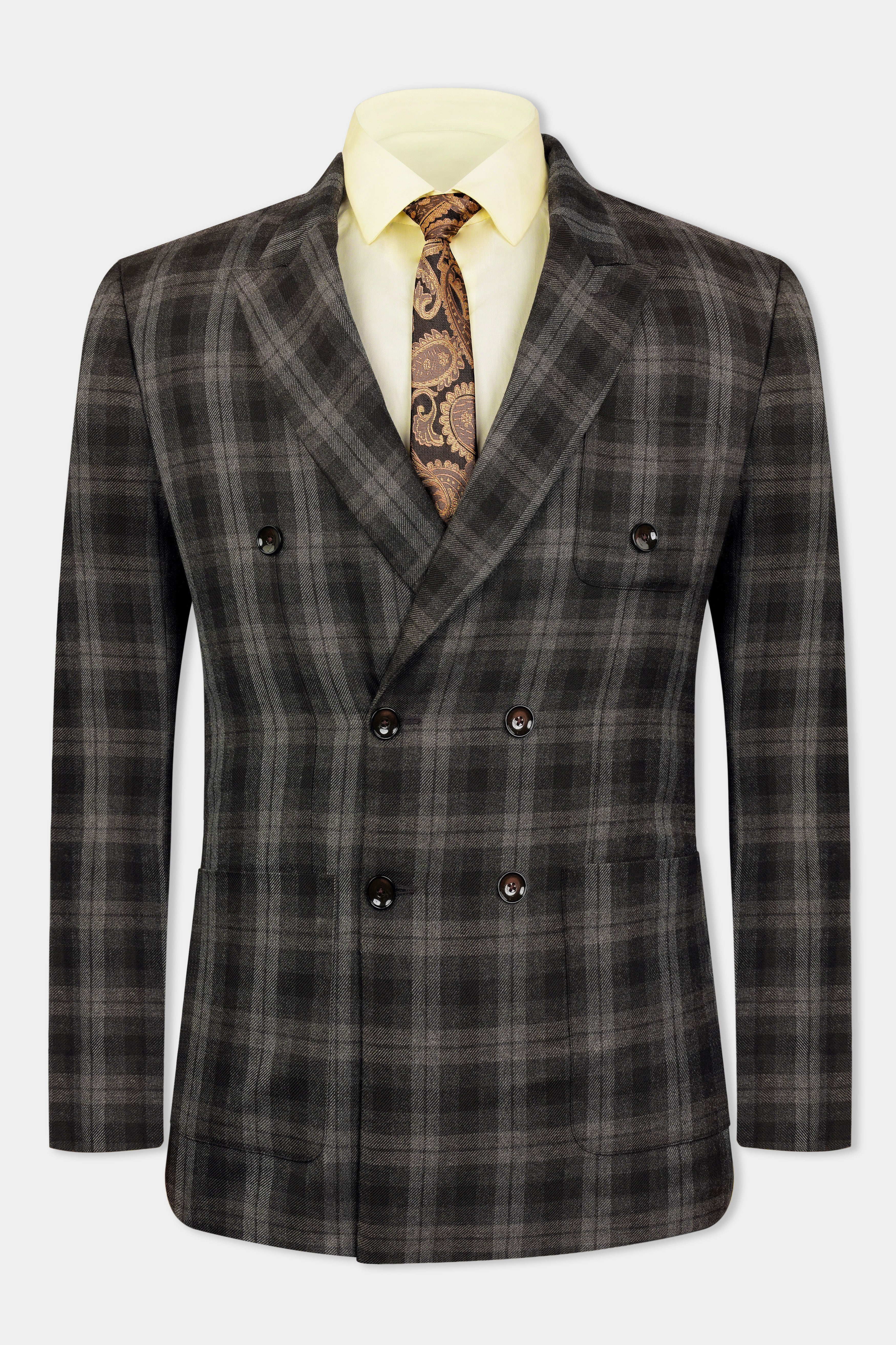 Zeus Black and Concord Gray Plaid Tweed Double Breasted Sports Blazer BL3113-DB-PP-36, BL3113-DB-PP-38, BL3113-DB-PP-40, BL3113-DB-PP-42, BL3113-DB-PP-44, BL3113-DB-PP-46, BL3113-DB-PP-48, BL3113-DB-PP-50, BL3113-DB-PP-52, BL3113-DB-PP-54, BL3113-DB-PP-56, BL3113-DB-PP-58, BL3113-DB-PP-60