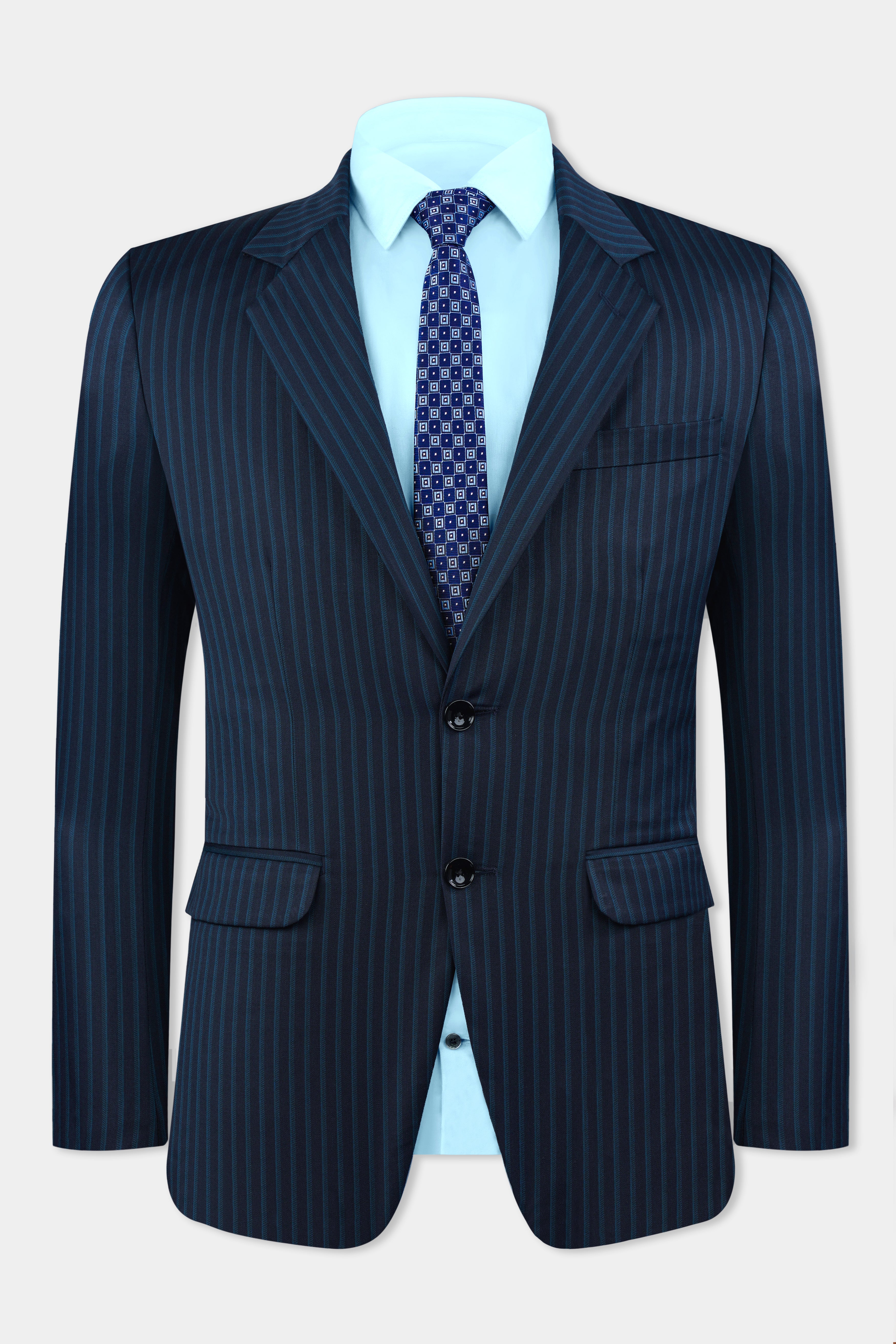 Ebony Blue and Marine Blue Pin Striped Wool Rich Blazer BL3128-DB-36, BL3127-SB-38, BL3127-SB-40, BL3127-SB-42, BL3127-SB-44, BL3127-SB-46, BL3127-SB-48, BL3127-SB-50, BL3127-SB-52, BL3127-SB-54, BL3127-SB-56, BL3127-SB-58, BL3127-SB-60