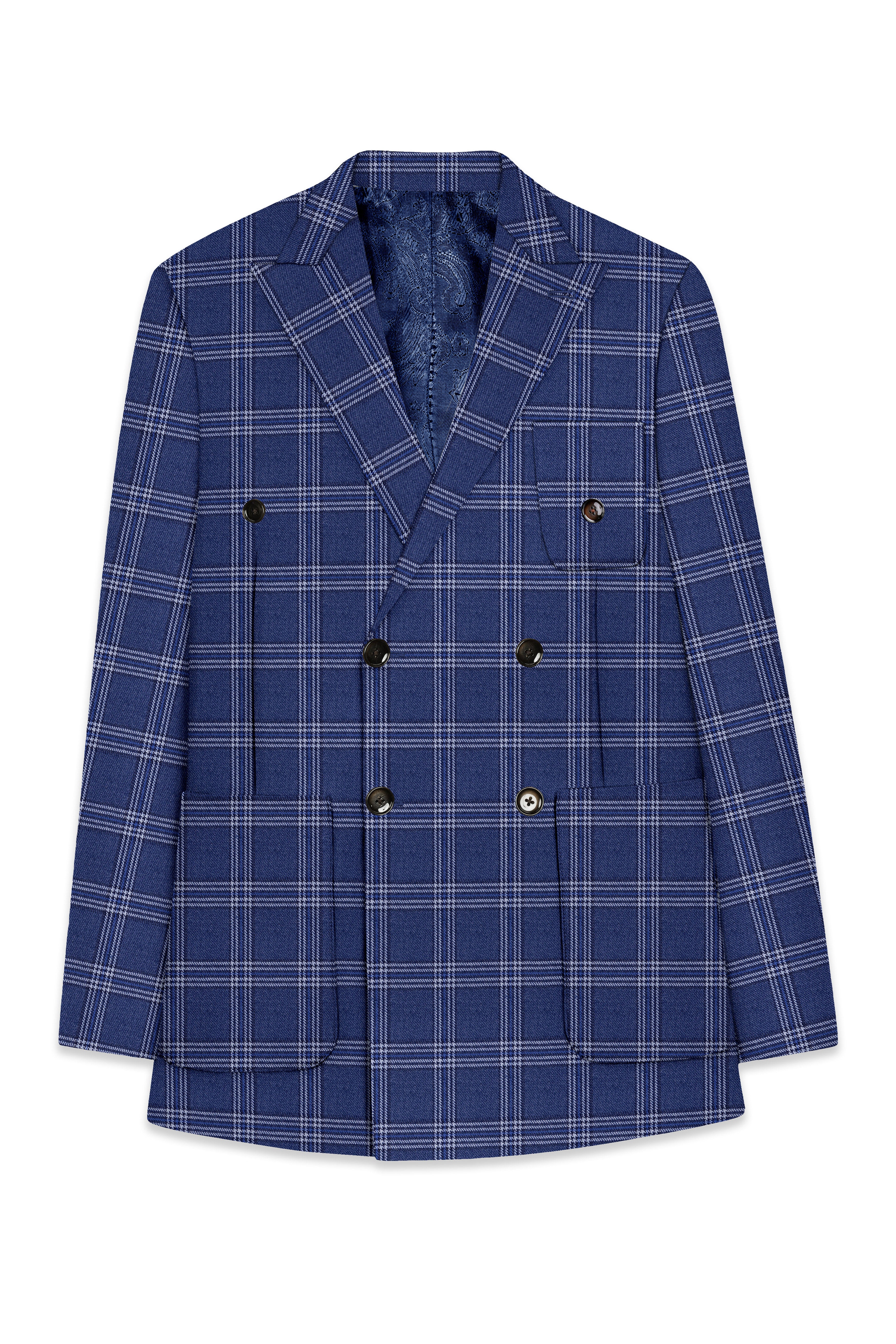 Cloud Blue and White Plaid Tweed Double Breasted Blazer