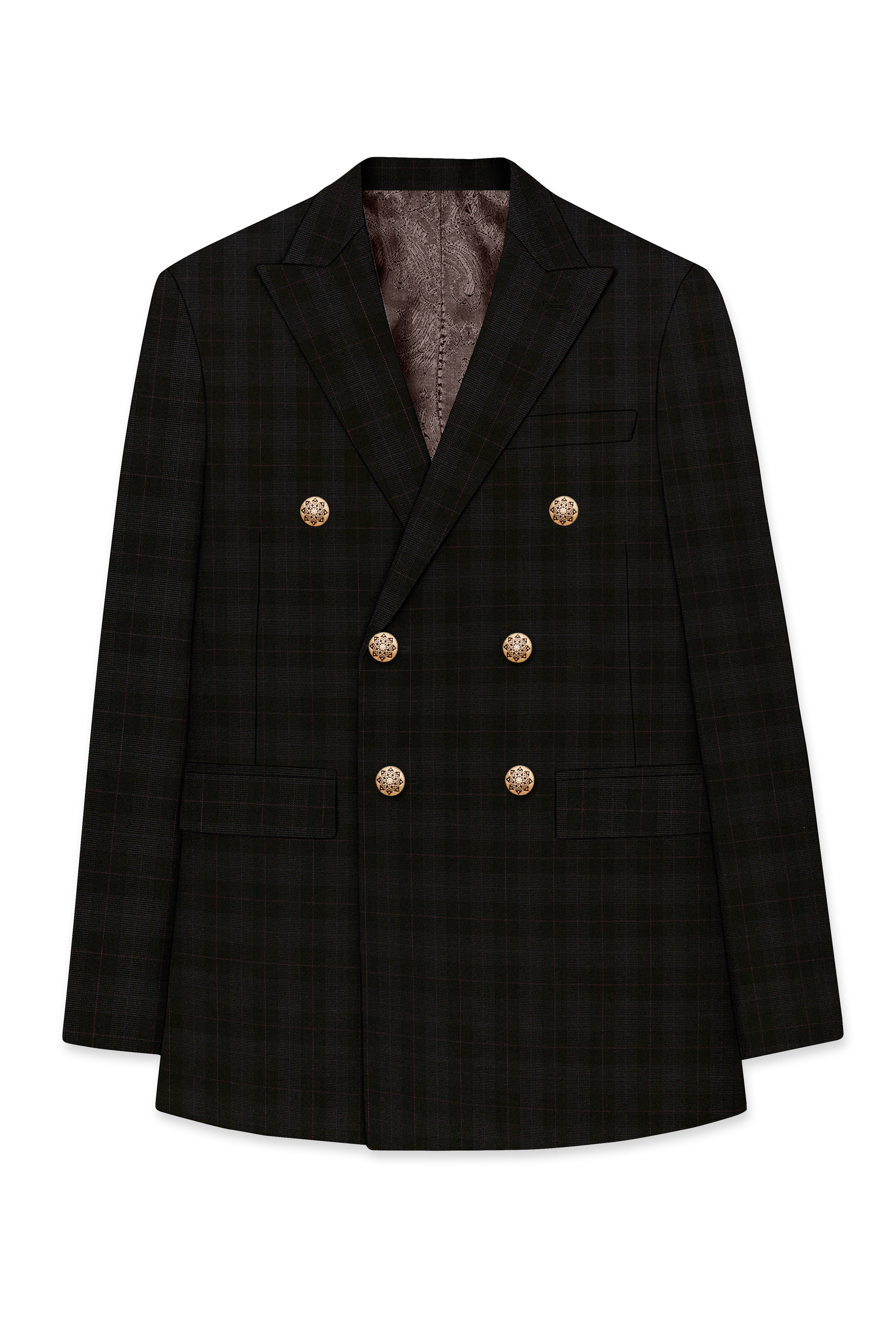 Onyx Black Subtle Plaid Wool rich Double Breasted Blazer