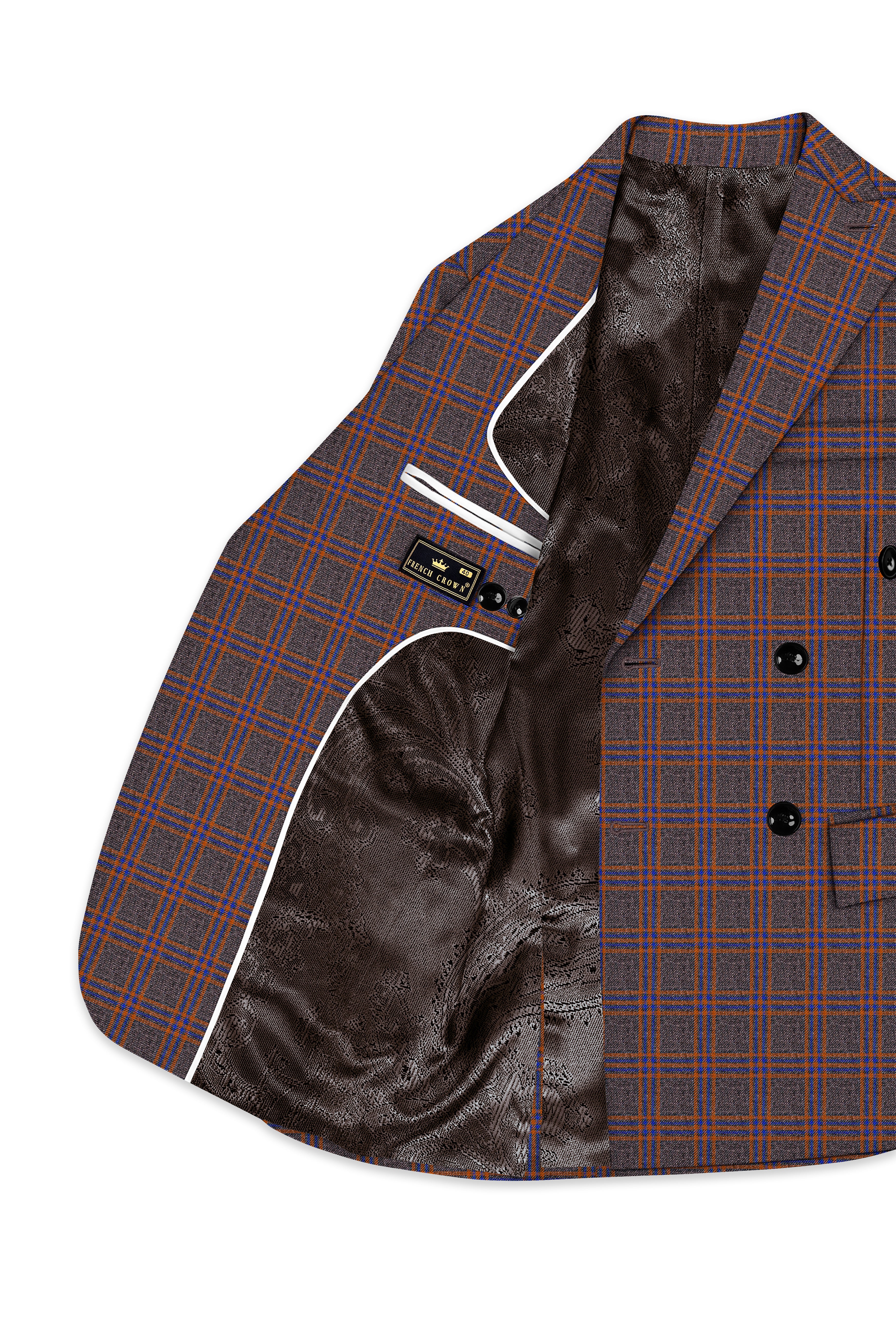 Emperor Gray and Russet Brown Plaid Tweed Double Breasted Blazer