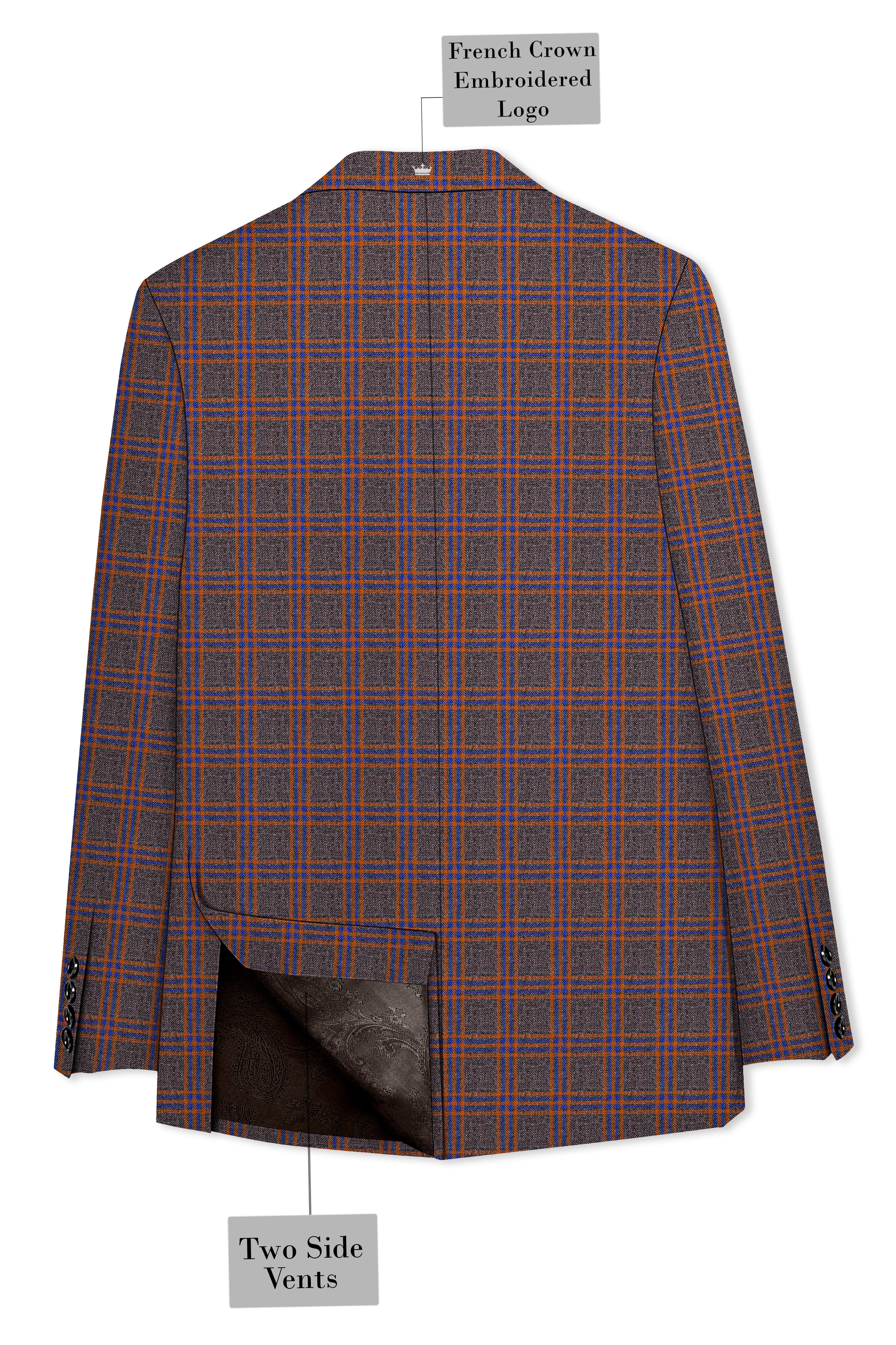 Emperor Gray and Russet Brown Plaid Tweed Double Breasted Blazer