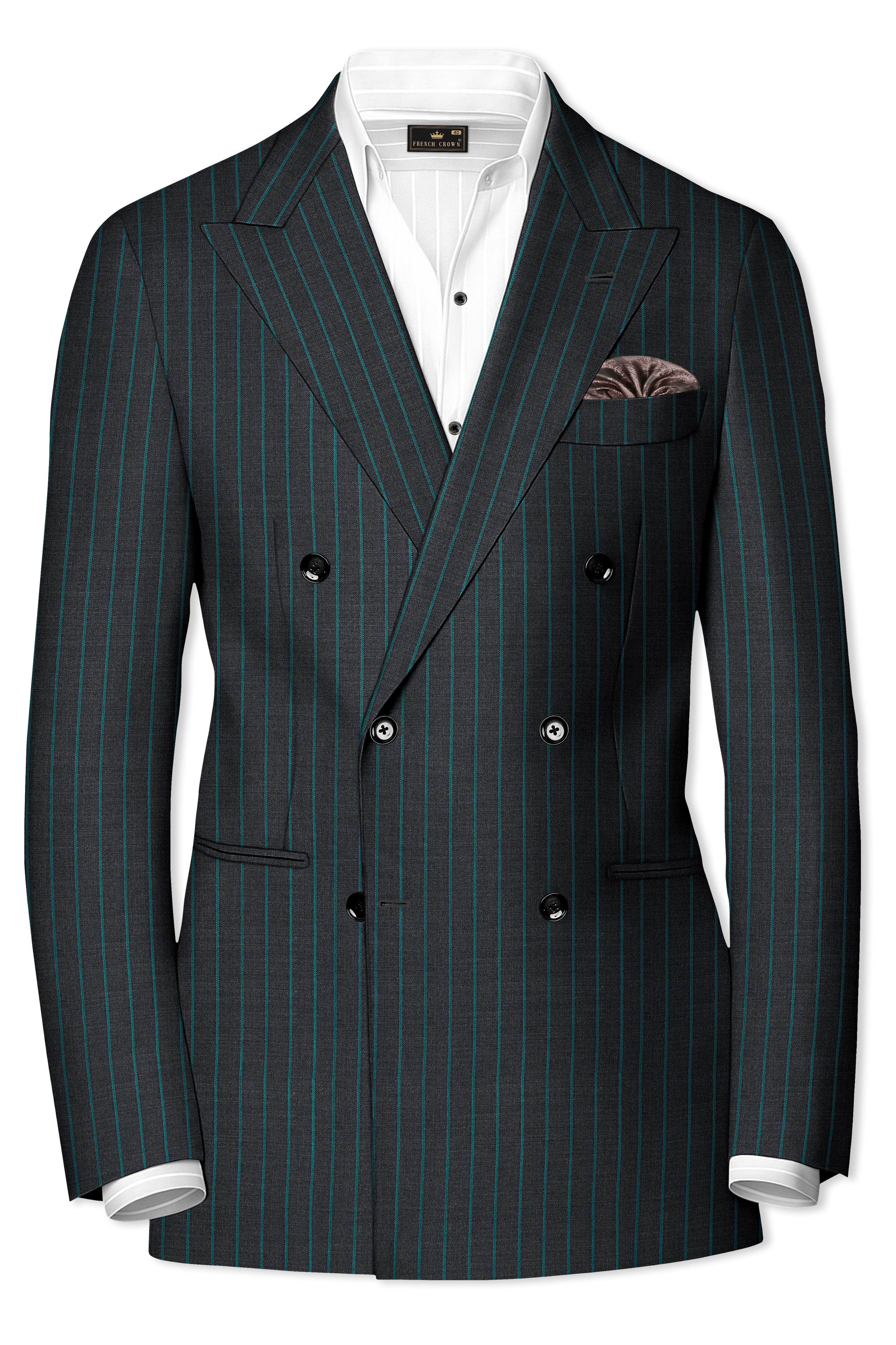 Gravel Gray and Lagoon Blue Striped Wool Rich Double Breasted Blazer