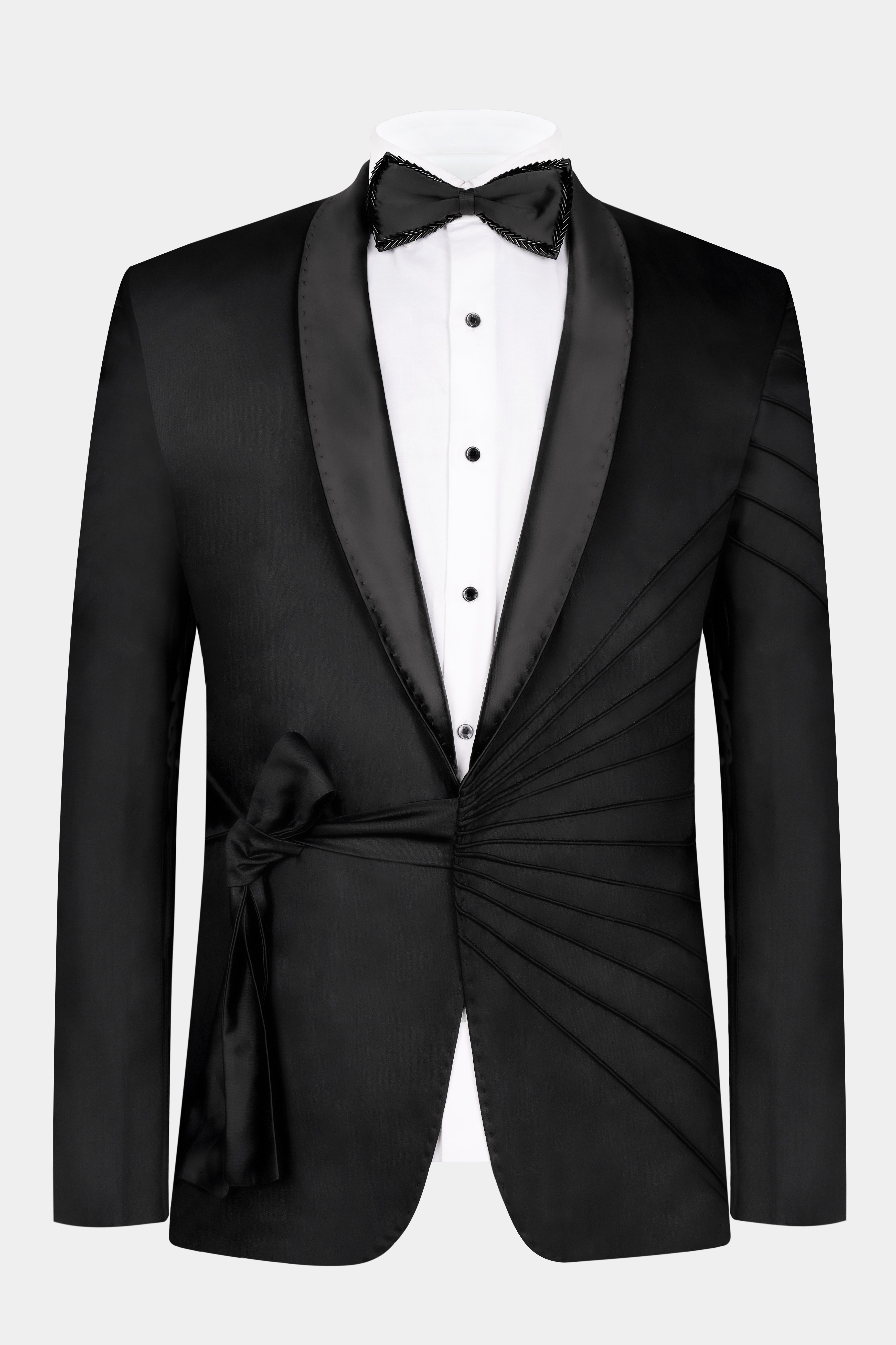 Jade Black Stretchable Wool Rich Designer Tuxedo Blazer