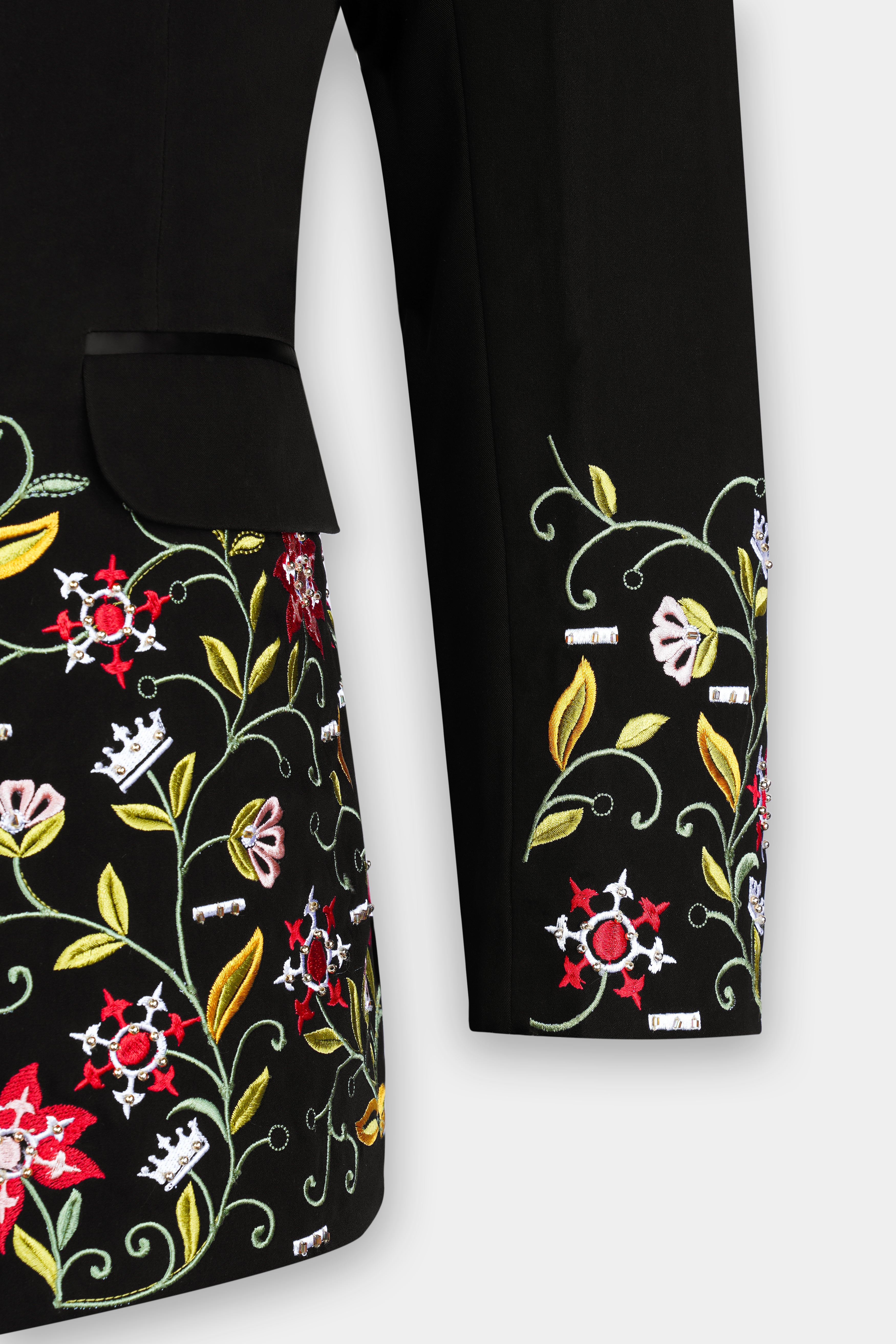 Noirex-Korean Black (The Best Black We Have) Floral Embroidered Wool Rich Designer 4-Way Stretch Tuxedo Blazer