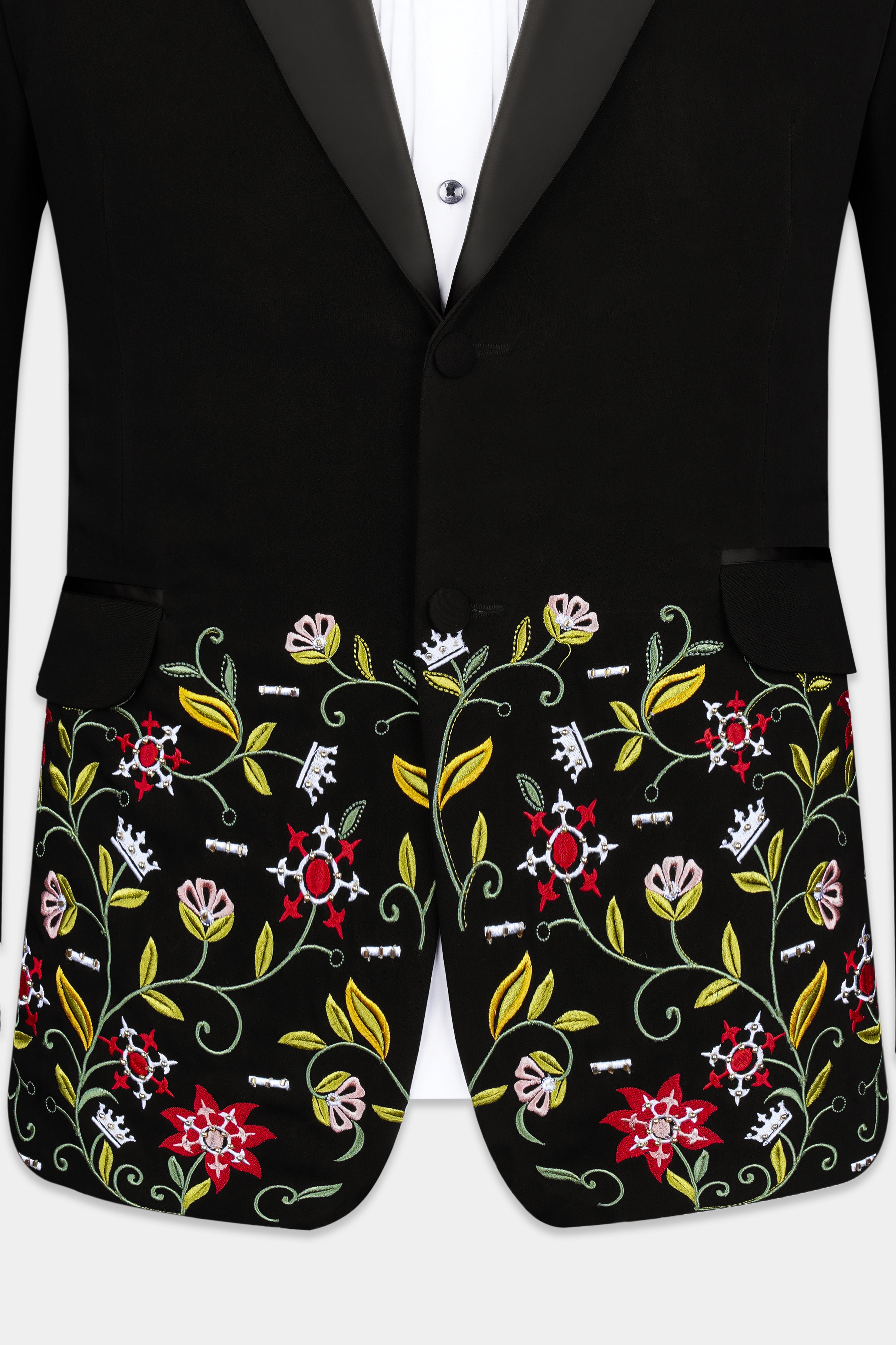 Noirex-Korean Black (The Best Black We Have) Floral Embroidered Wool Rich Designer 4-Way Stretch Tuxedo Blazer