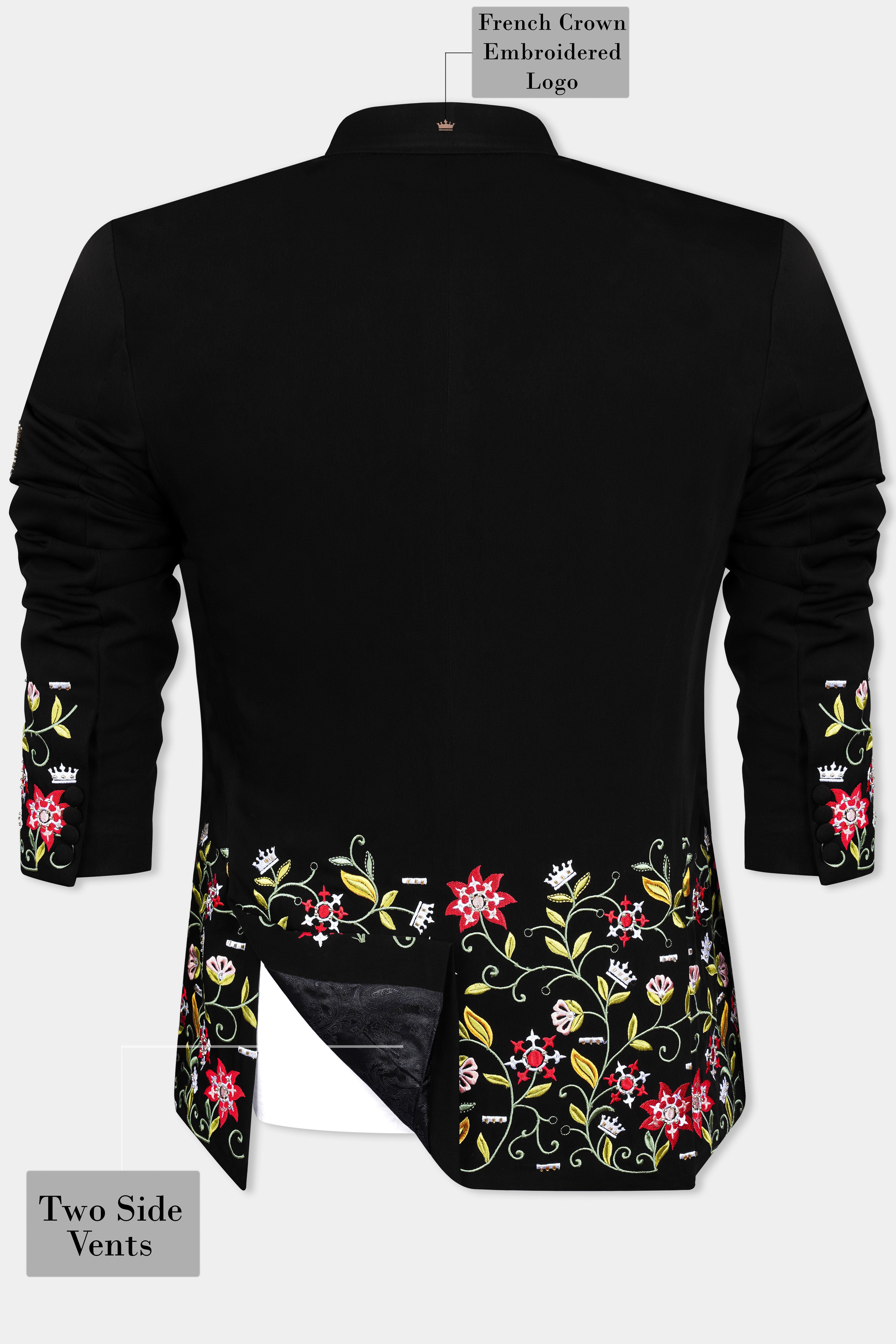 Noirex-Korean Black (The Best Black We Have) Floral Embroidered Wool Rich Designer 4-Way Stretch Tuxedo Blazer