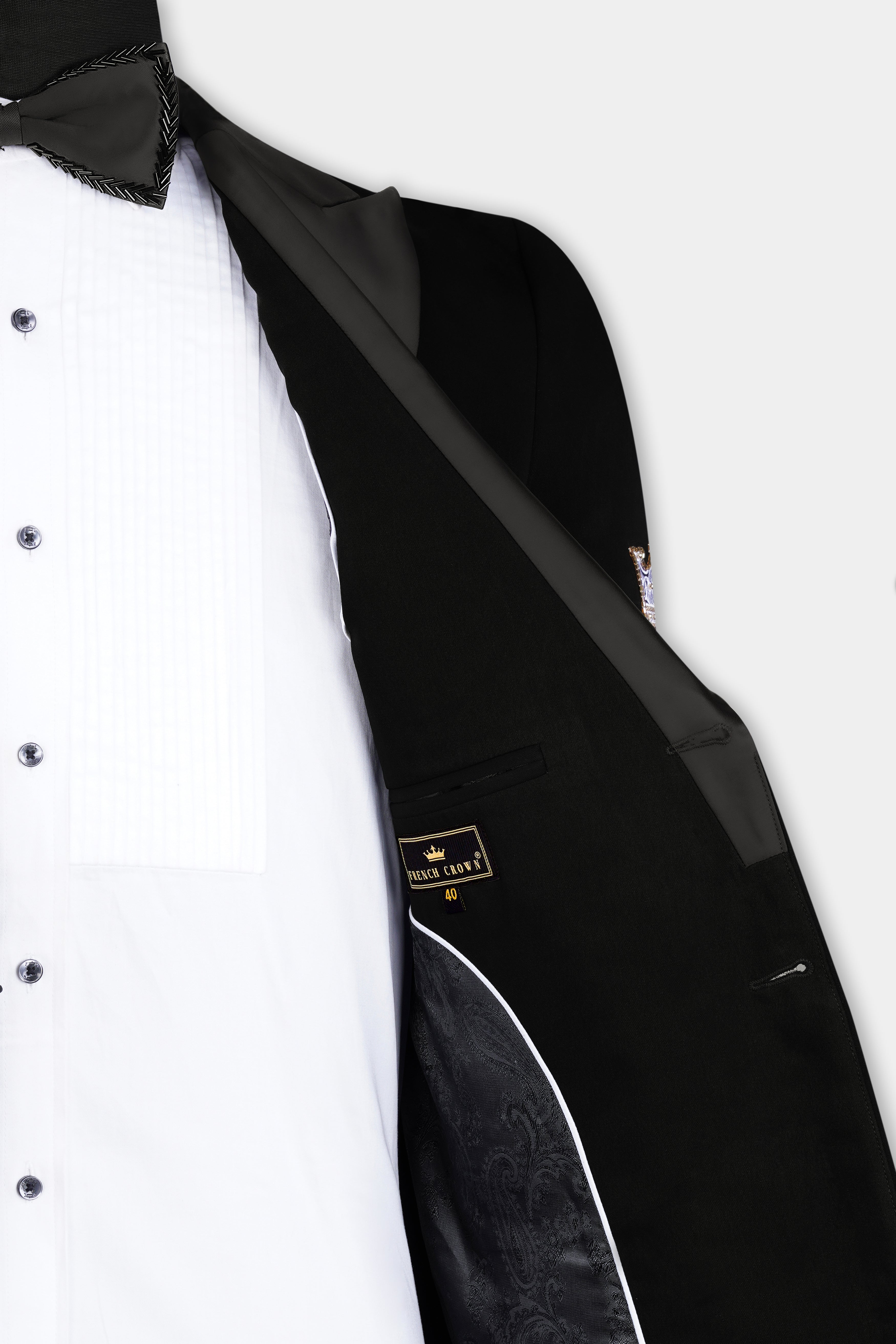 Noirex-Korean Black (The Best Black We Have) Floral Embroidered Wool Rich Designer 4-Way Stretch Tuxedo Blazer