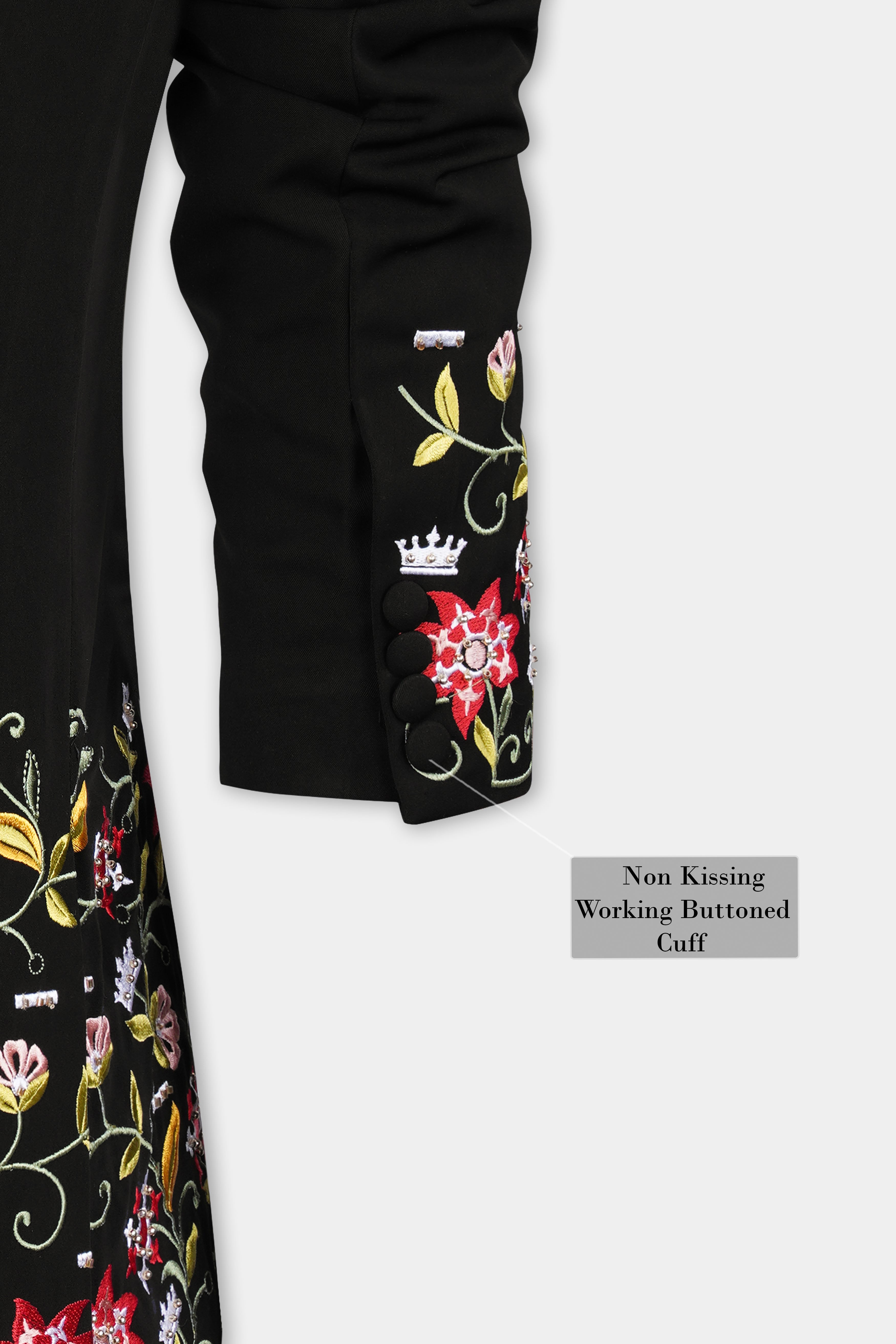 Noirex-Korean Black (The Best Black We Have) Floral Embroidered Wool Rich Designer 4-Way Stretch Tuxedo Blazer