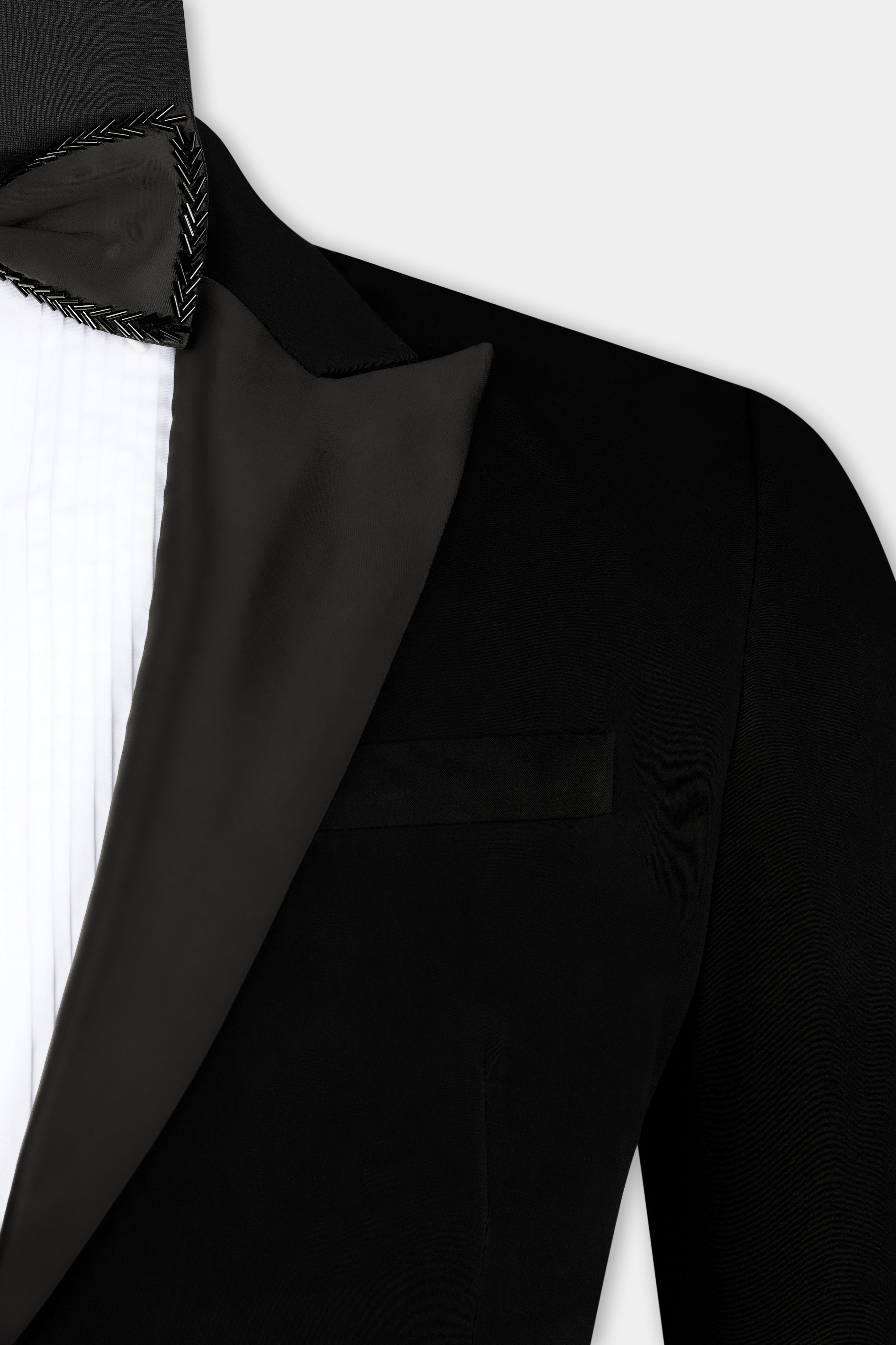 Noirex-Korean Black (The Best Black We Have) Floral Embroidered Wool Rich Designer 4-Way Stretch Tuxedo Blazer