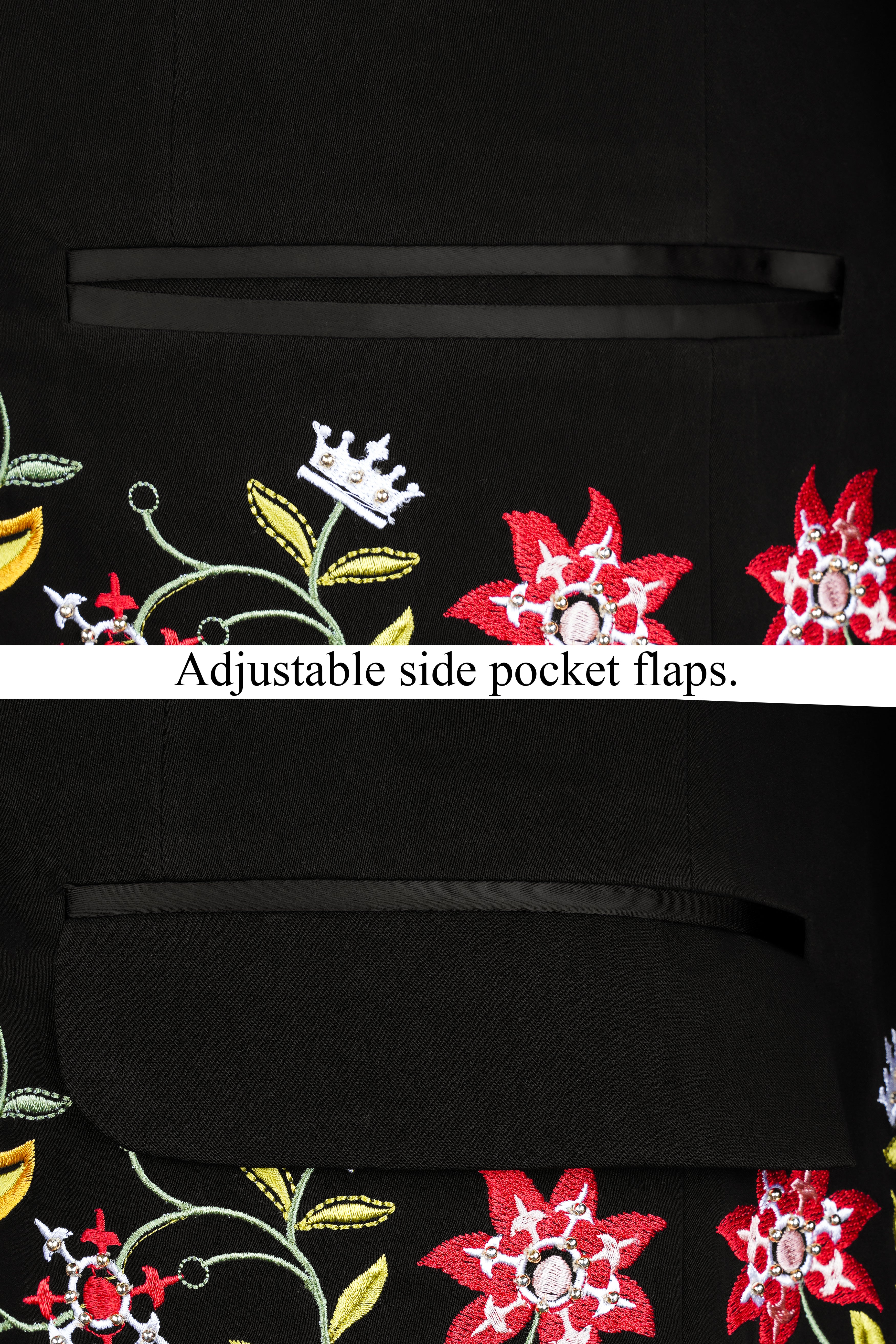 Noirex-Korean Black (The Best Black We Have) Floral Embroidered Wool Rich Designer 4-Way Stretch Tuxedo Blazer