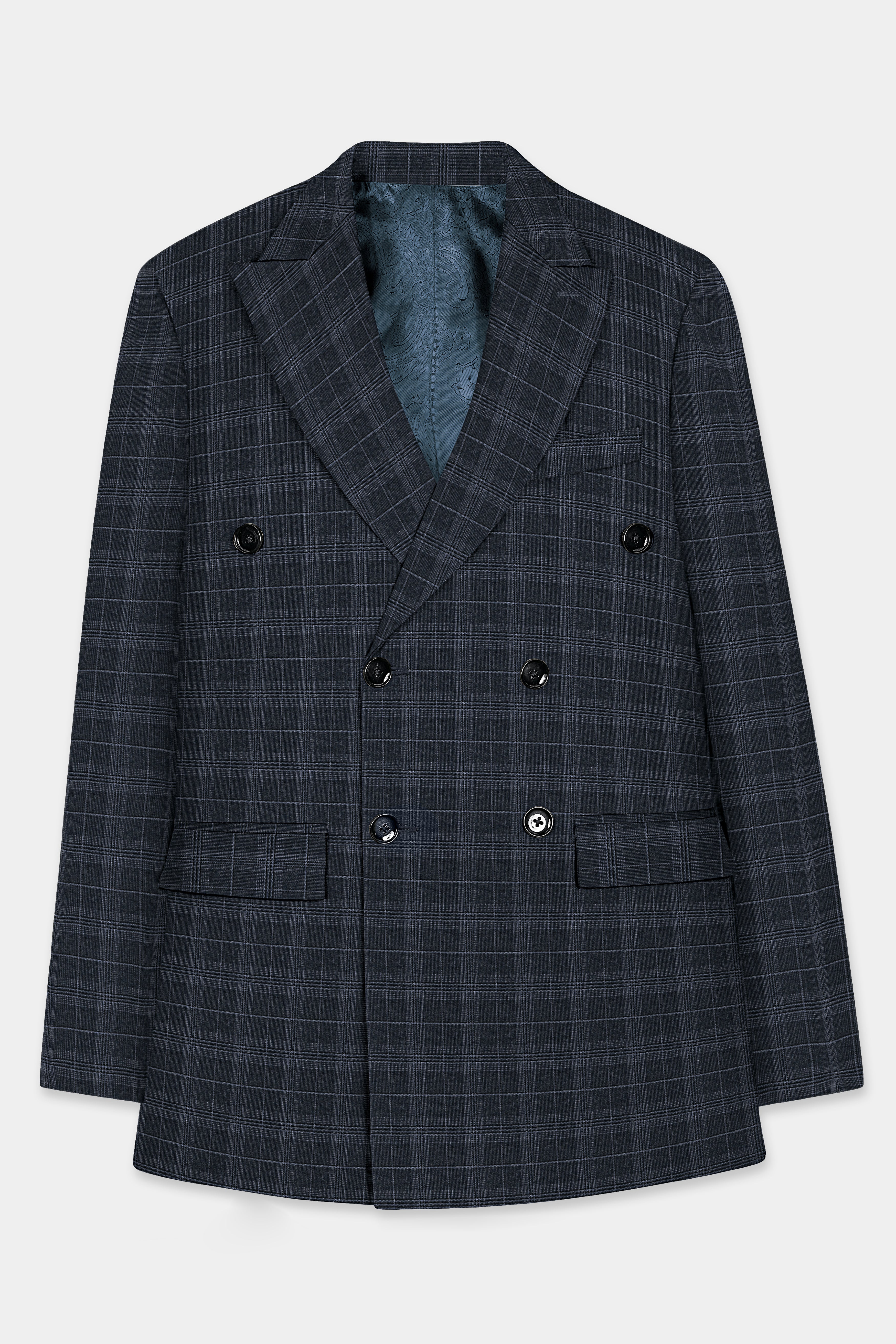 Iridium Gray With Mobster Gray Plaid Wool Rich Double Breasted Blazer