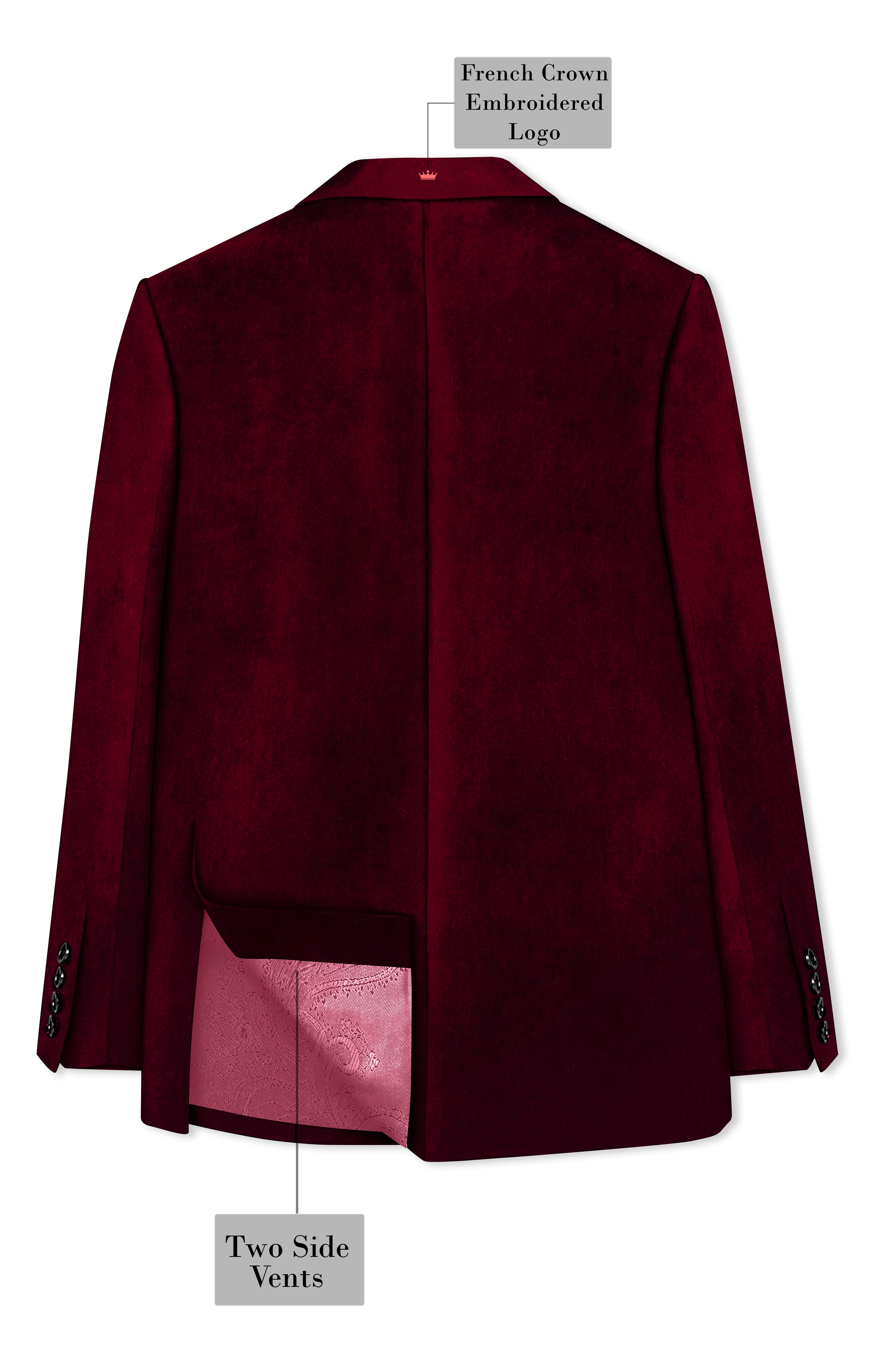 Bulgarian Maroon Crushed Velvet Peak Lapel Tuxedo Blazer