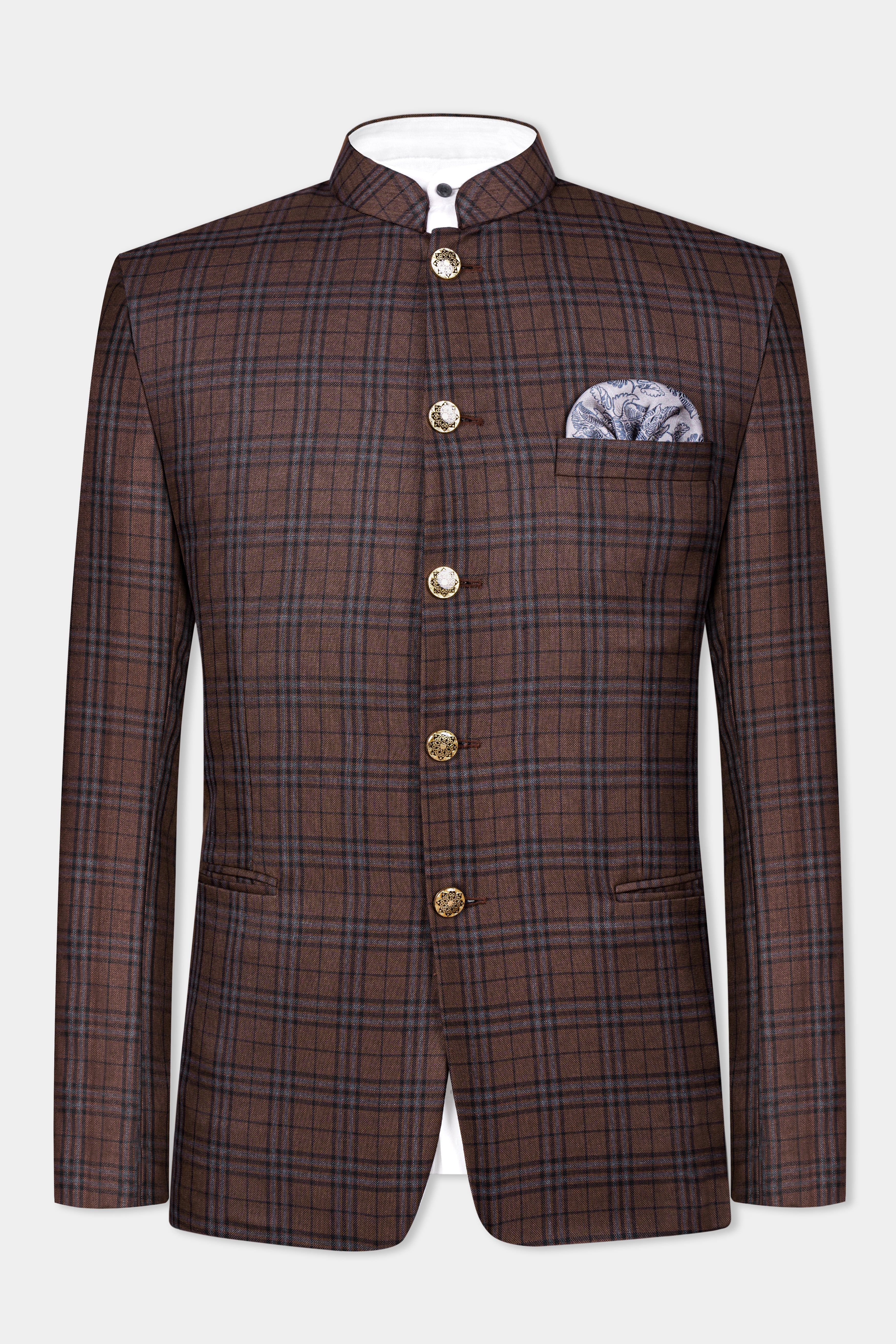 Gingerbread Brown and Haiti Blue Plaid Wool Rich Bandhgala Blazer