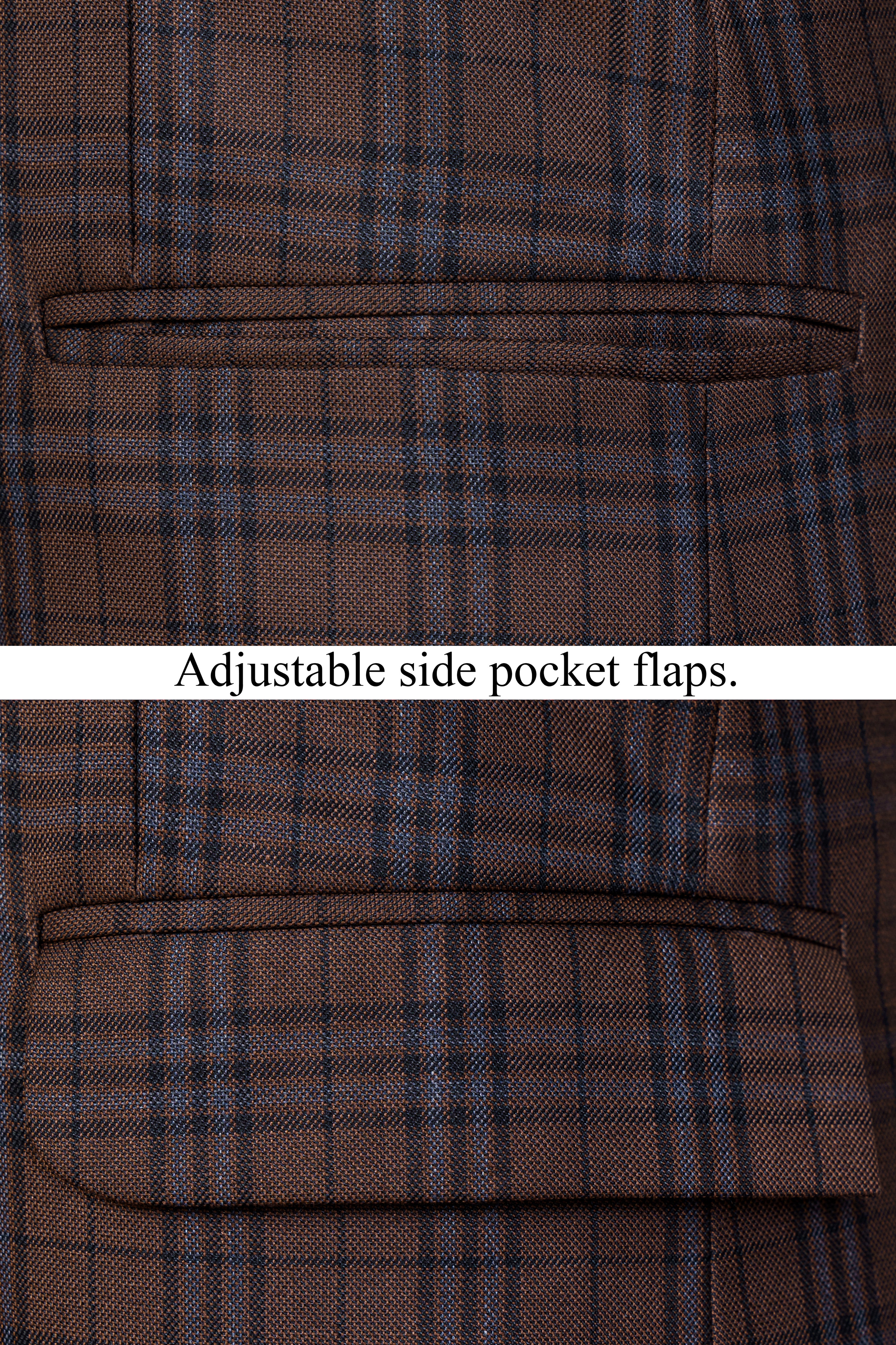 Gingerbread Brown and Haiti Blue Plaid Wool Rich Bandhgala Blazer