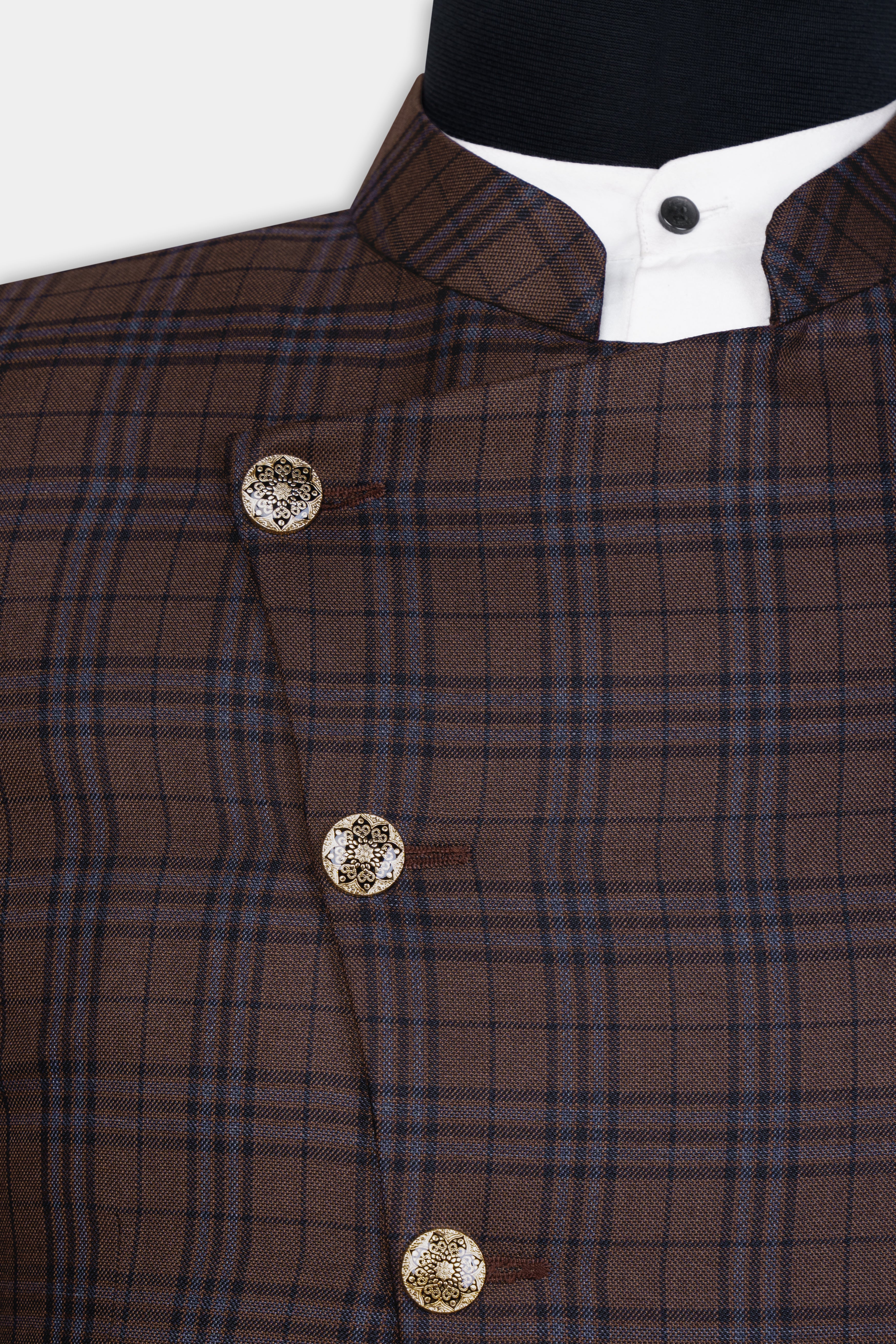 Gingerbread Brown and Haiti Blue Plaid Wool Rich Cross Placket Bandhgala Blazer
