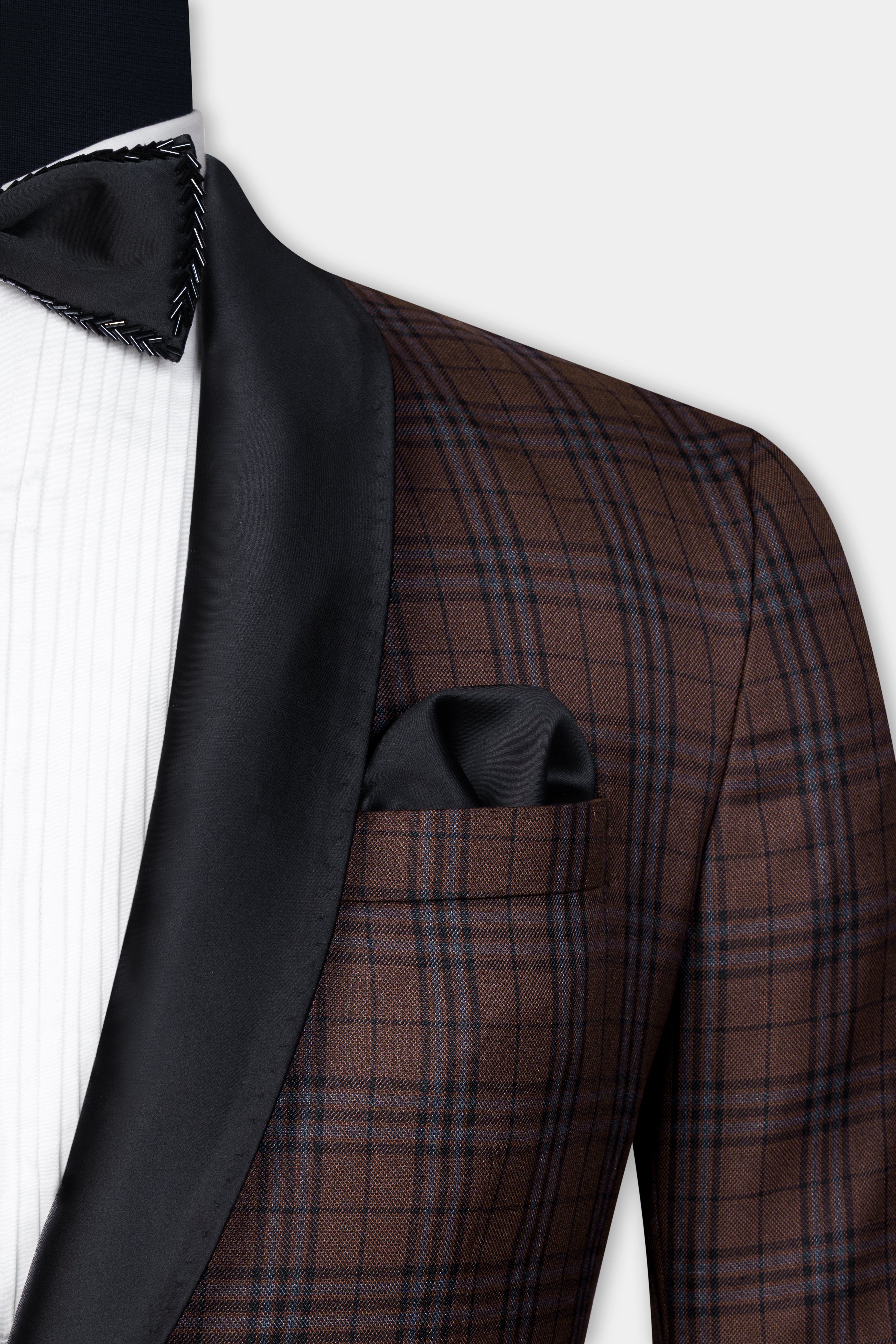 Gingerbread Brown and Haiti Blue Plaid Wool Rich Tuxedo Blazer