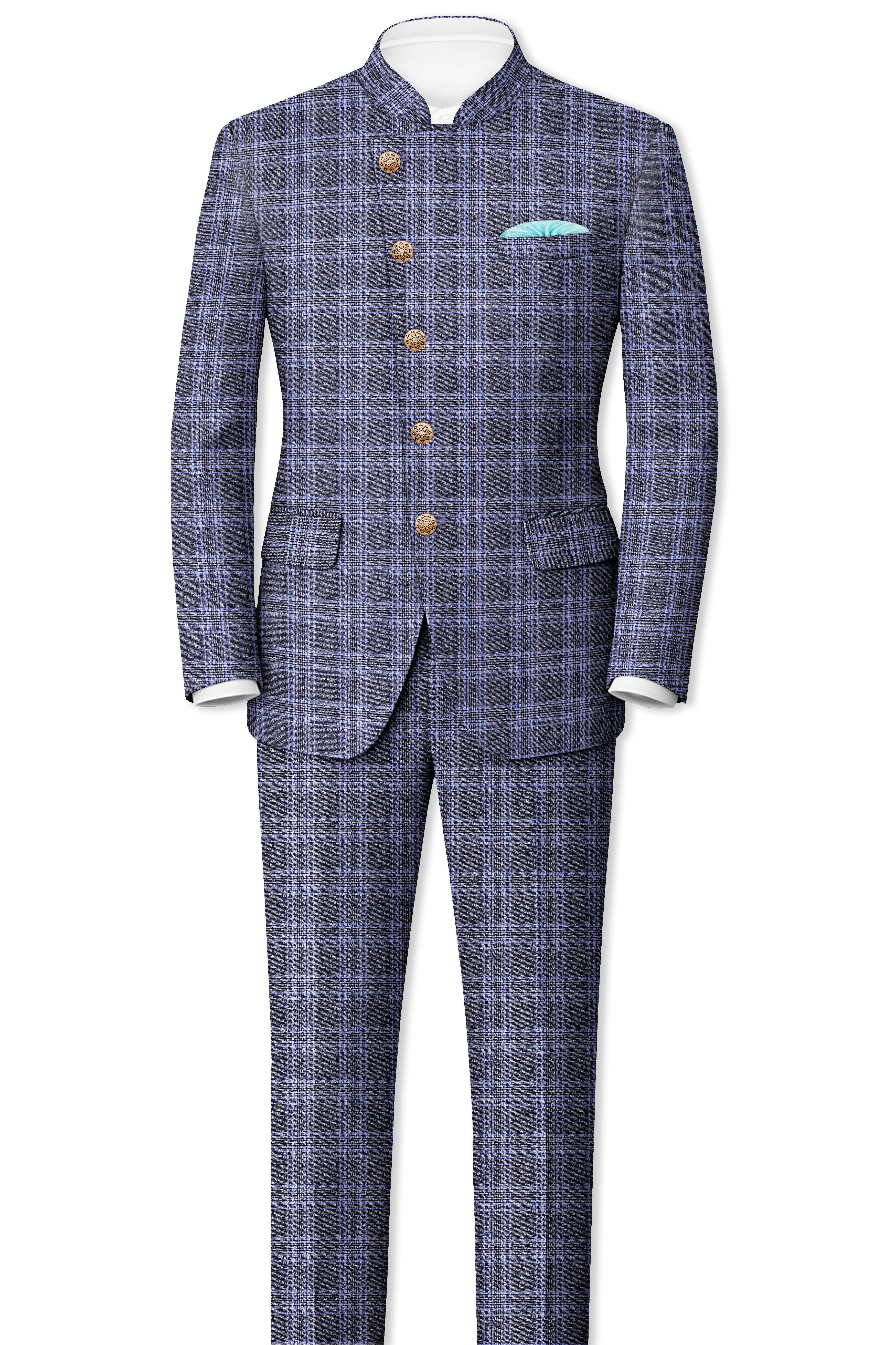 Dolphin And Casper Blue Checkered Cross Placket Bandhgala Wool Rich Blazer