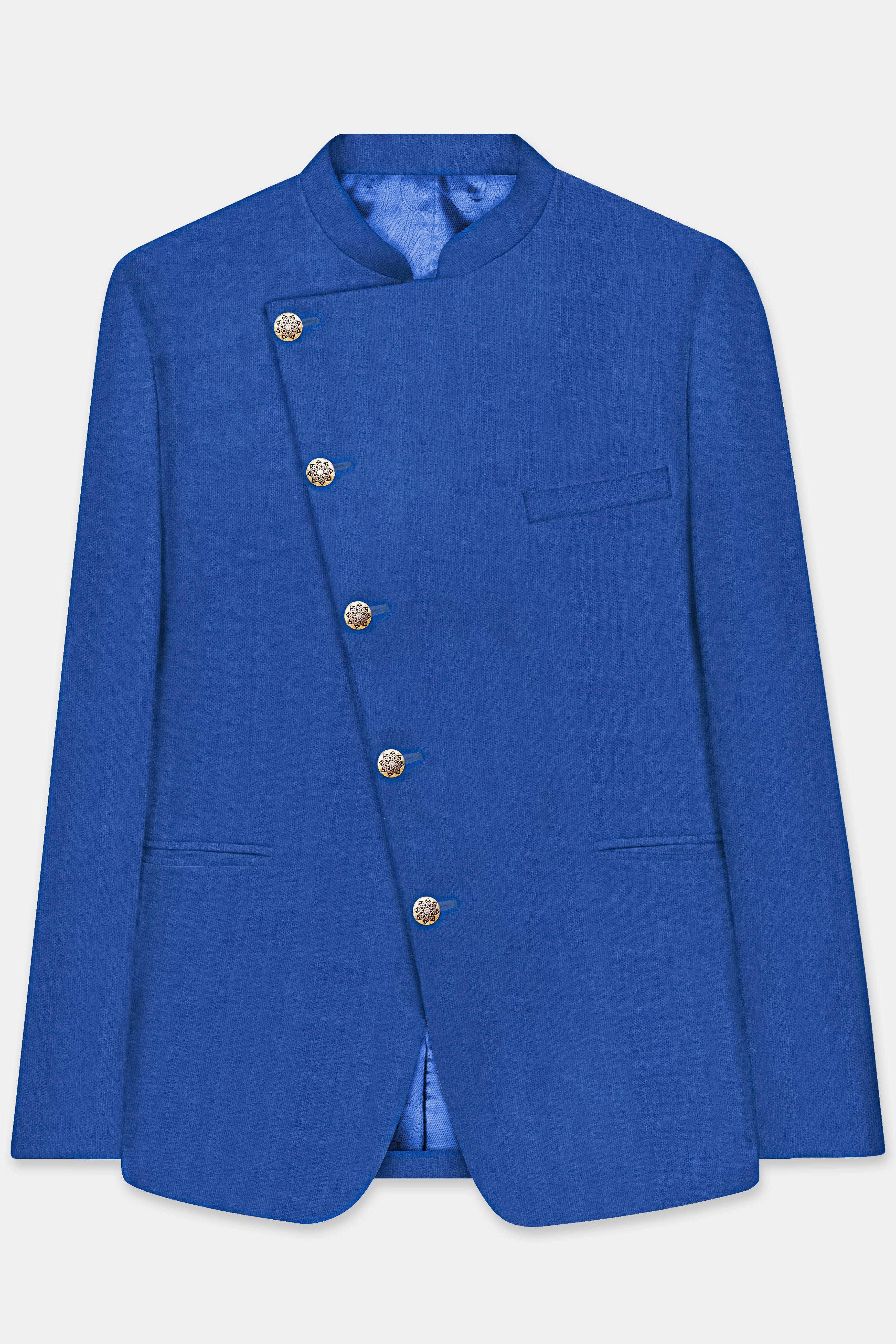 Cobalt Blue Cross Placket Bandhgala Corduroy Premium Cotton Designer Blazer