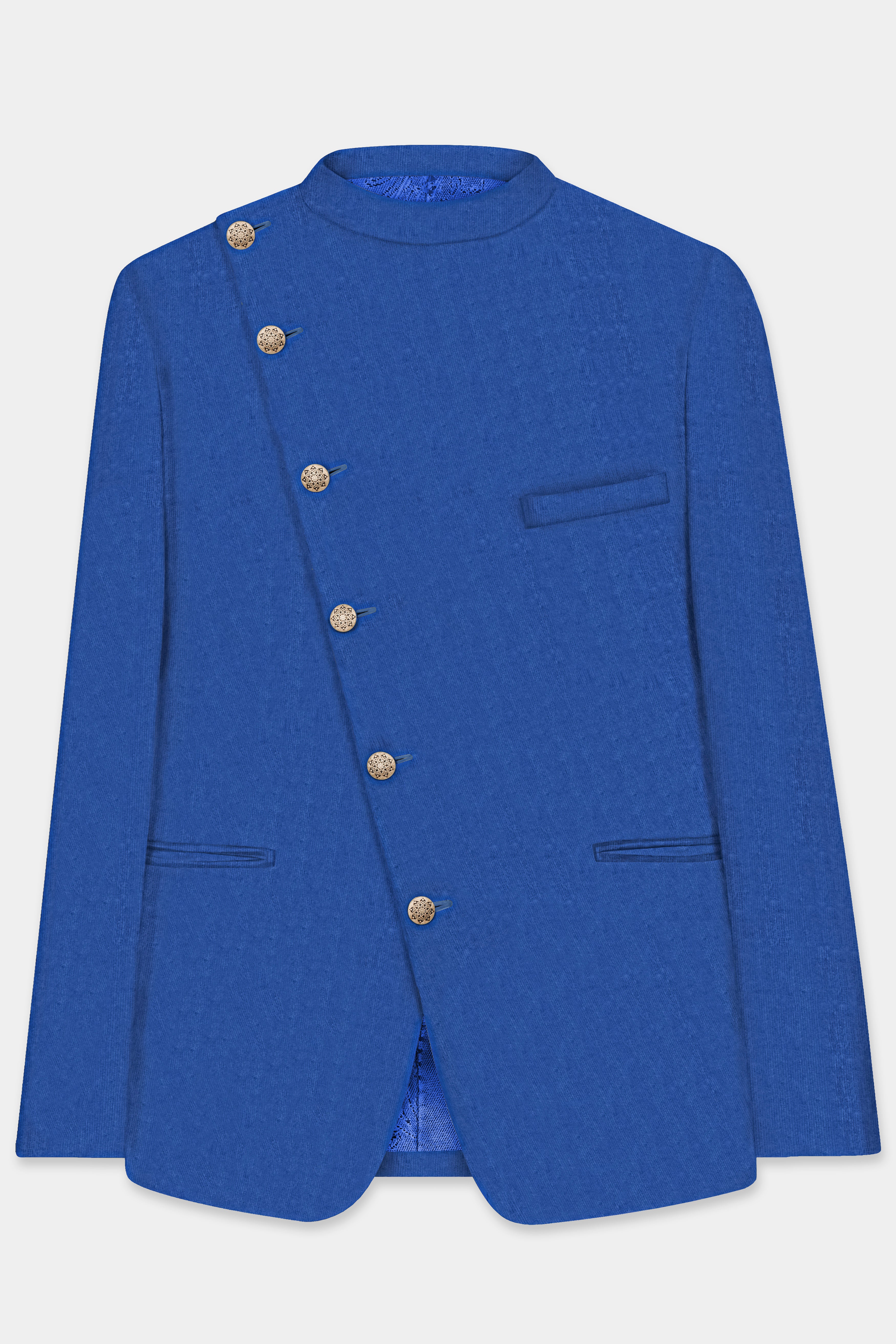 Cobalt Blue Cross Placket Bandhgala/Mandarin Corduroy Premium Cotton Designer Blazer