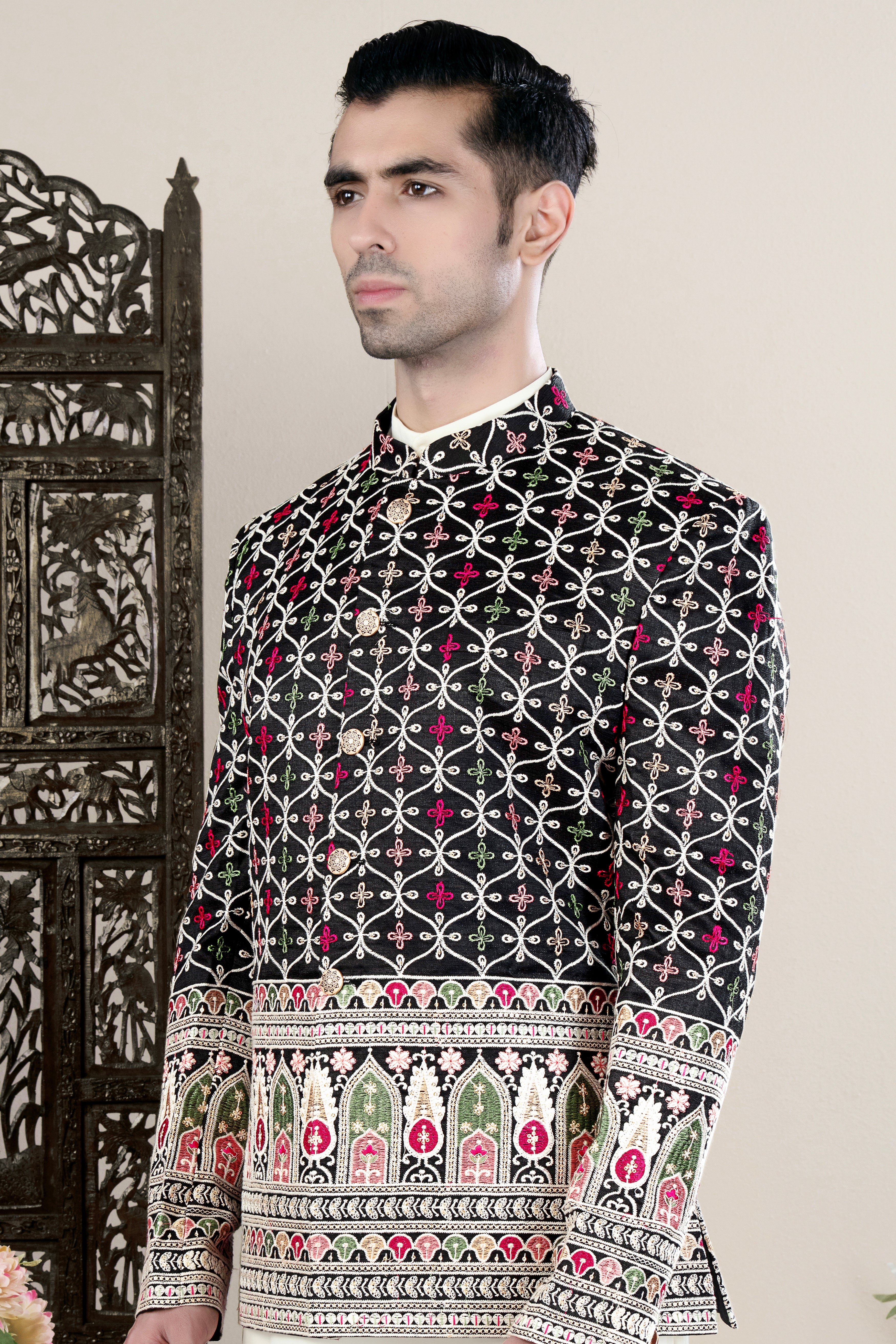 Jade Black and White Multicolour Ogee Pattern Embroidered Bandhgala Jodhpuri