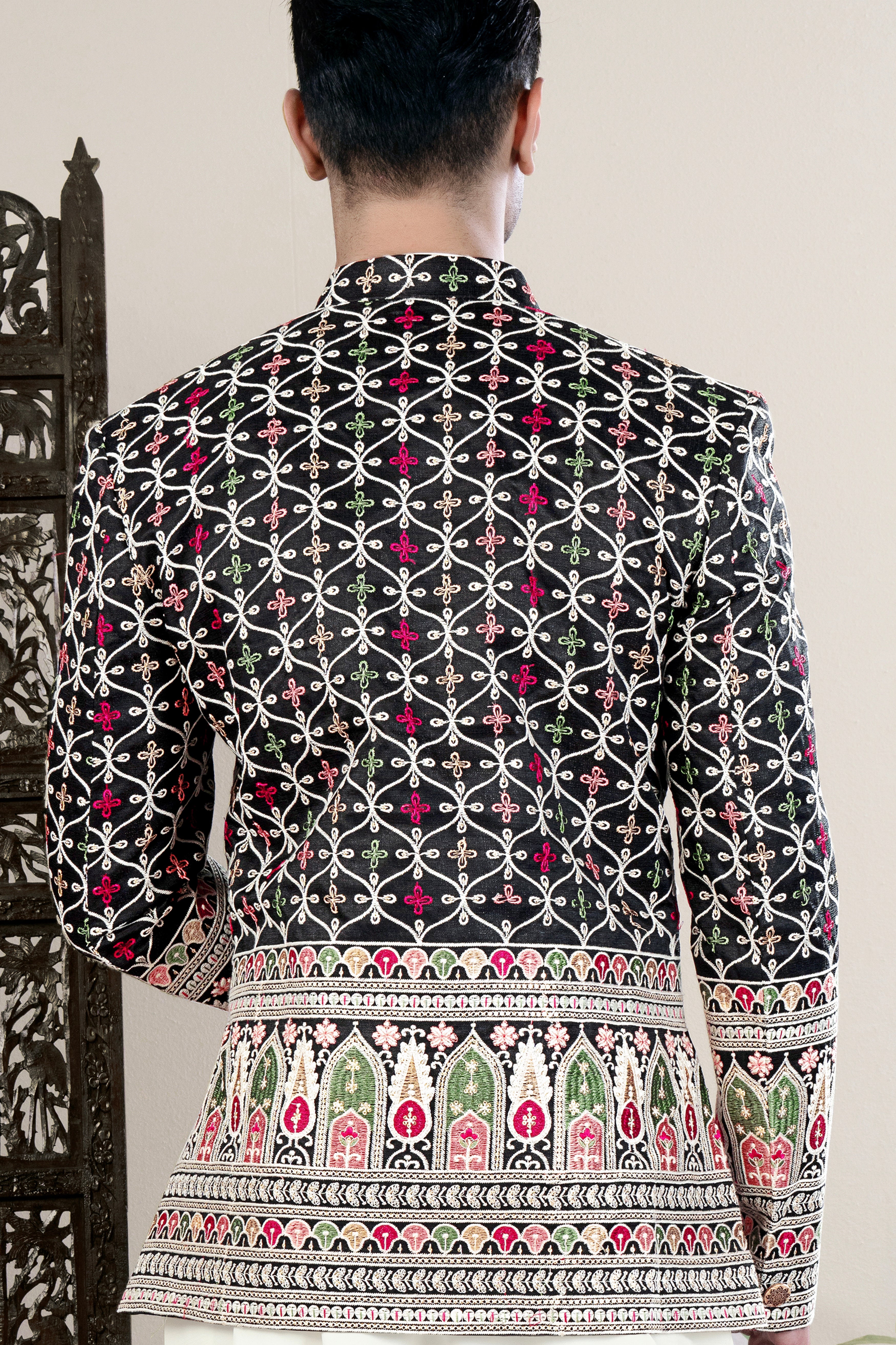 Jade Black and White Multicolour Ogee Pattern Embroidered Bandhgala Jodhpuri