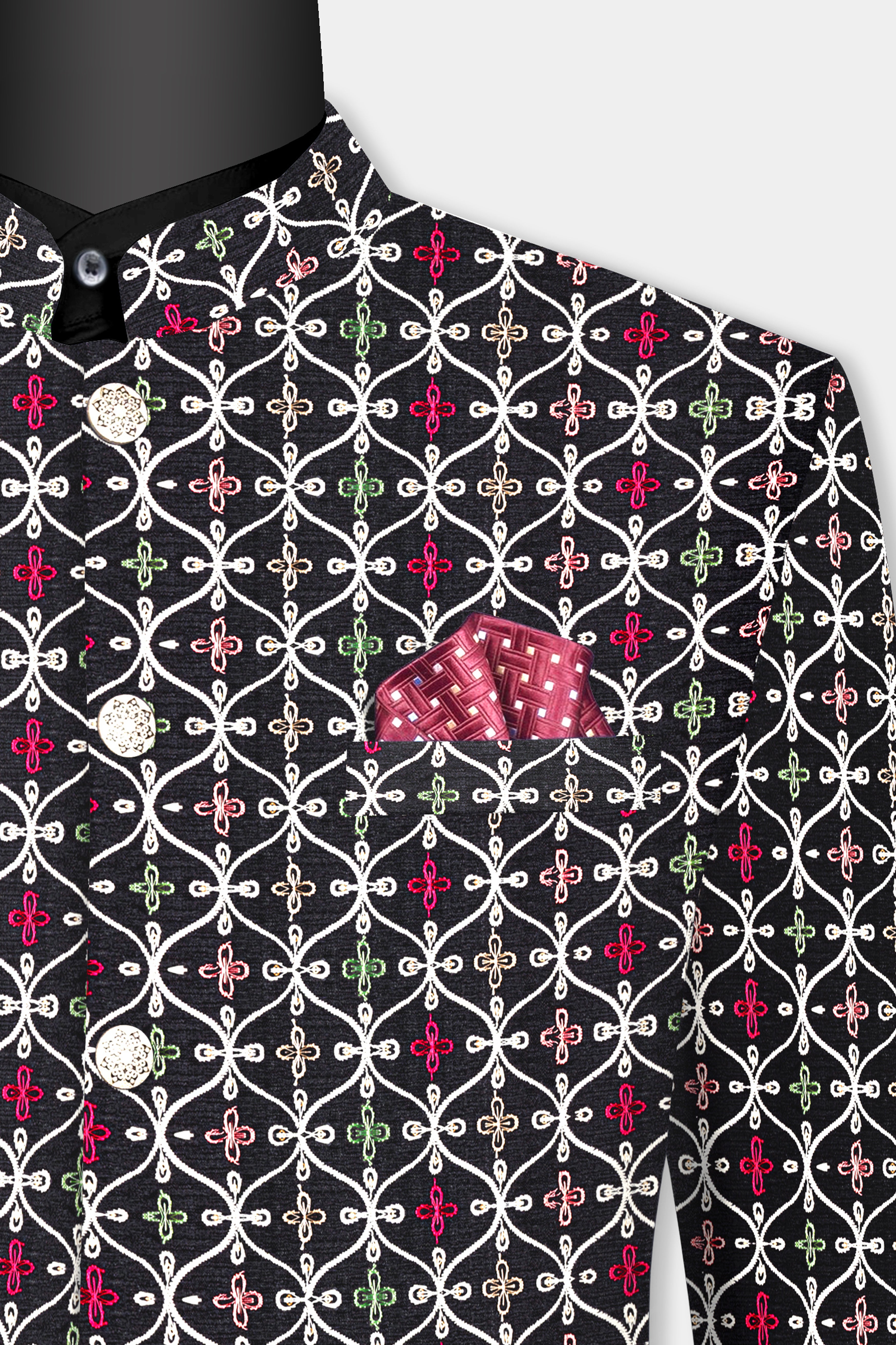 Jade Black and White Multicolour Ogee Pattern Embroidered Bandhgala Jodhpuri