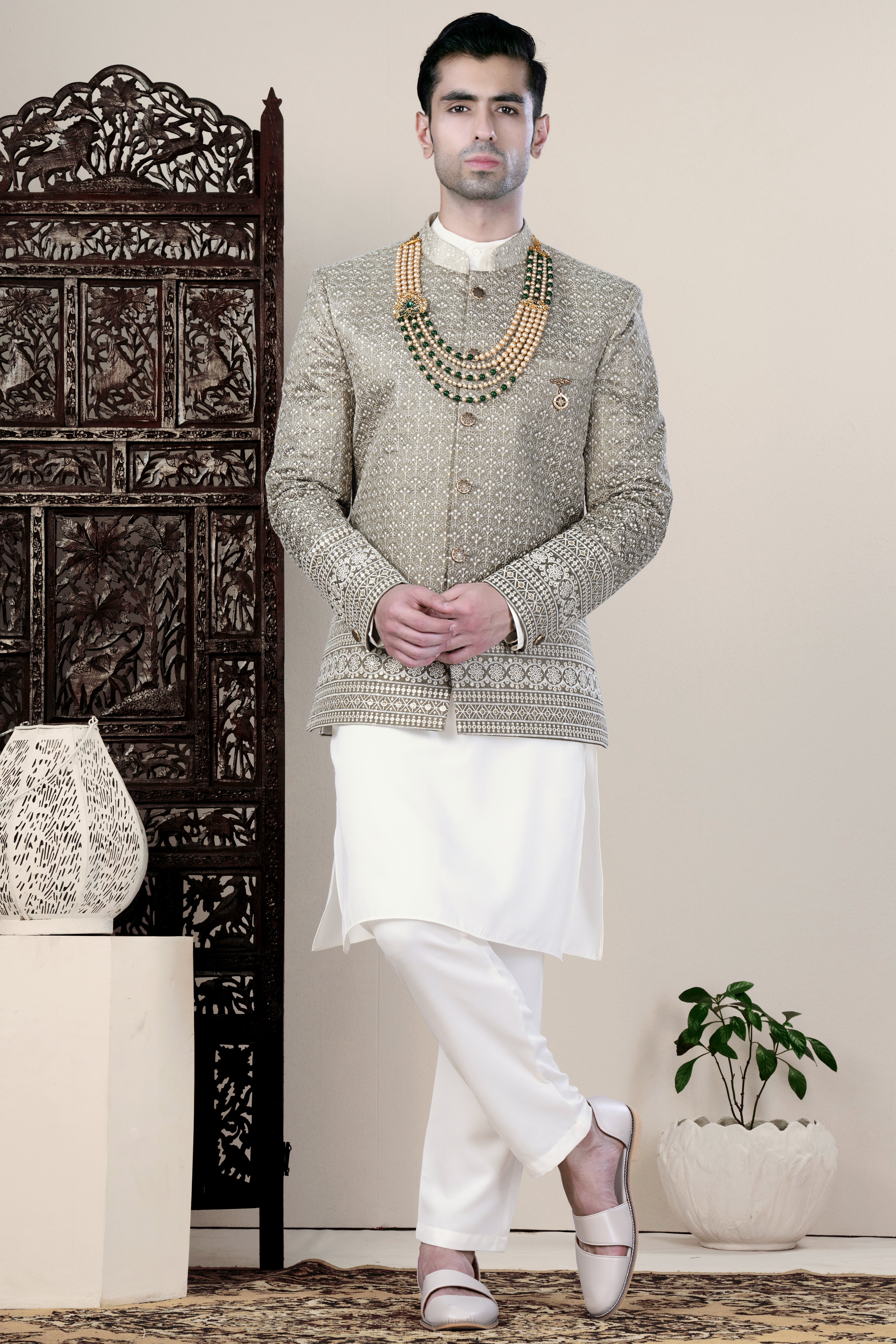 Martini Brown and White Thread Embroidered Bandhgala Jodhpuri BL3490-BG-36, BL3490-BG-38, BL3490-BG-40, BL3490-BG-42, BL3490-BG-44, BL3490-BG-46, BL3490-BG-49, BL3490-BG-50, BL3490-BG-52, BL3490-BG-54, BL3490-BG-56, BL3490-BG-58, BL3490-BG-60