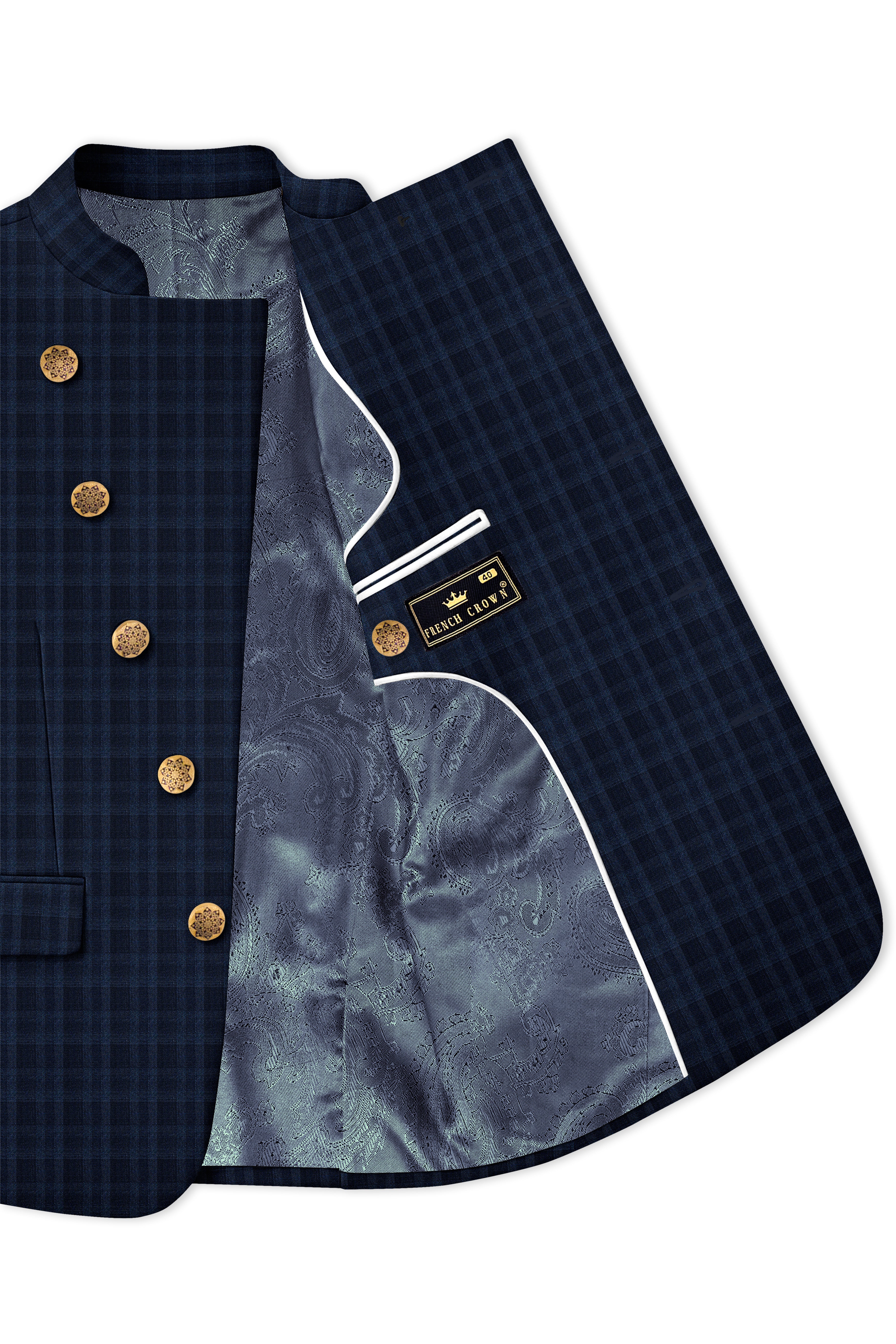 Baltic Blue Plaid Wool Rich Cross Placket Bandhgala Blazer