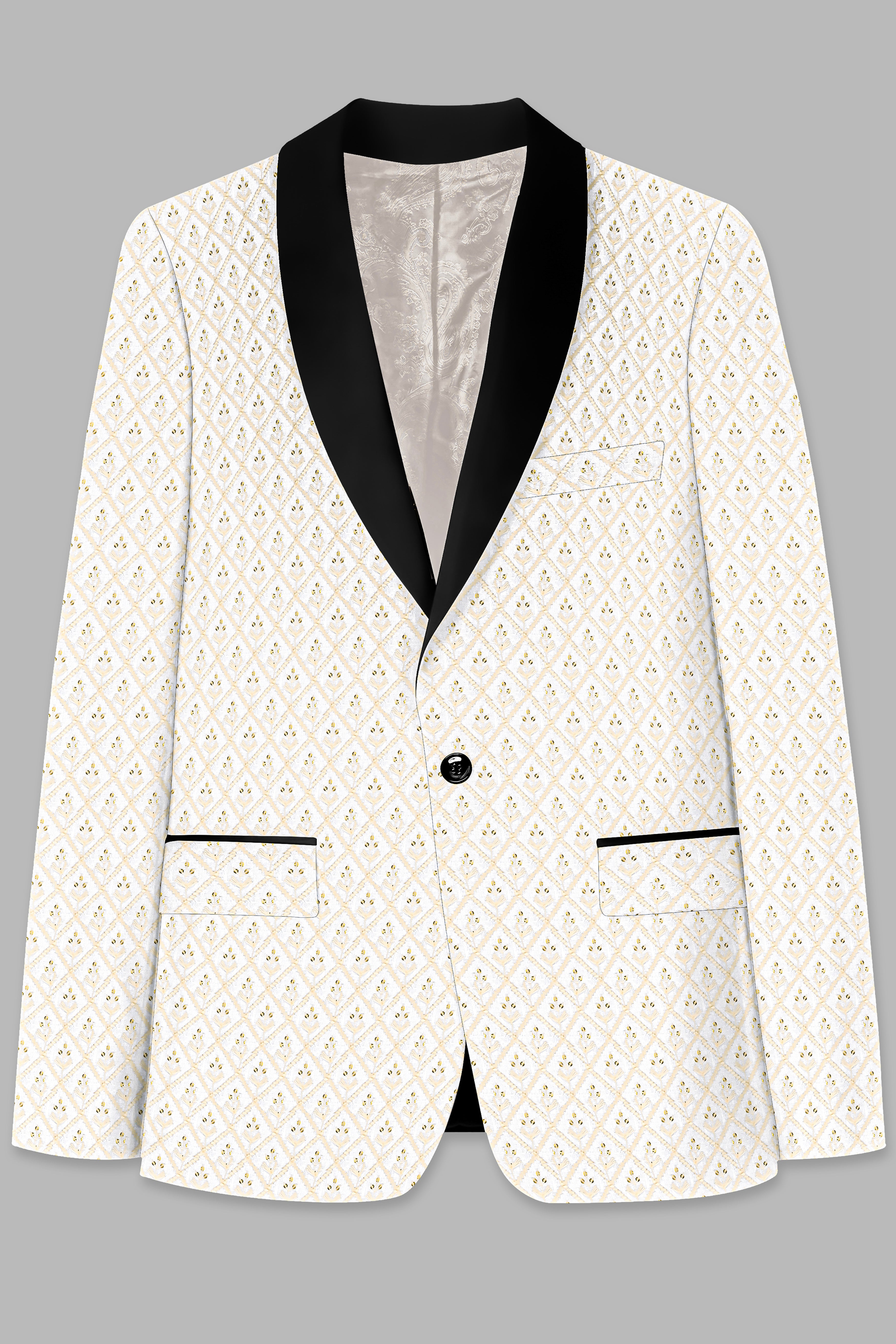 Bright White and Bone Beige Geometric Thread and Sequin Embroidered Tuxedo Blazer BL3684-BKL-36, BL3684-BKL-38, BL3684-BKL-40, BL3684-BKL-42, BL3684-BKL-44, BL3684-BKL-46, BL3684-BKL-48, BL3684-BKL-50, BL3684-BKL-52, BL3684-BKL-54, BL3684-BKL-56, BL3684-BKL-58, BL3684-BKL-60