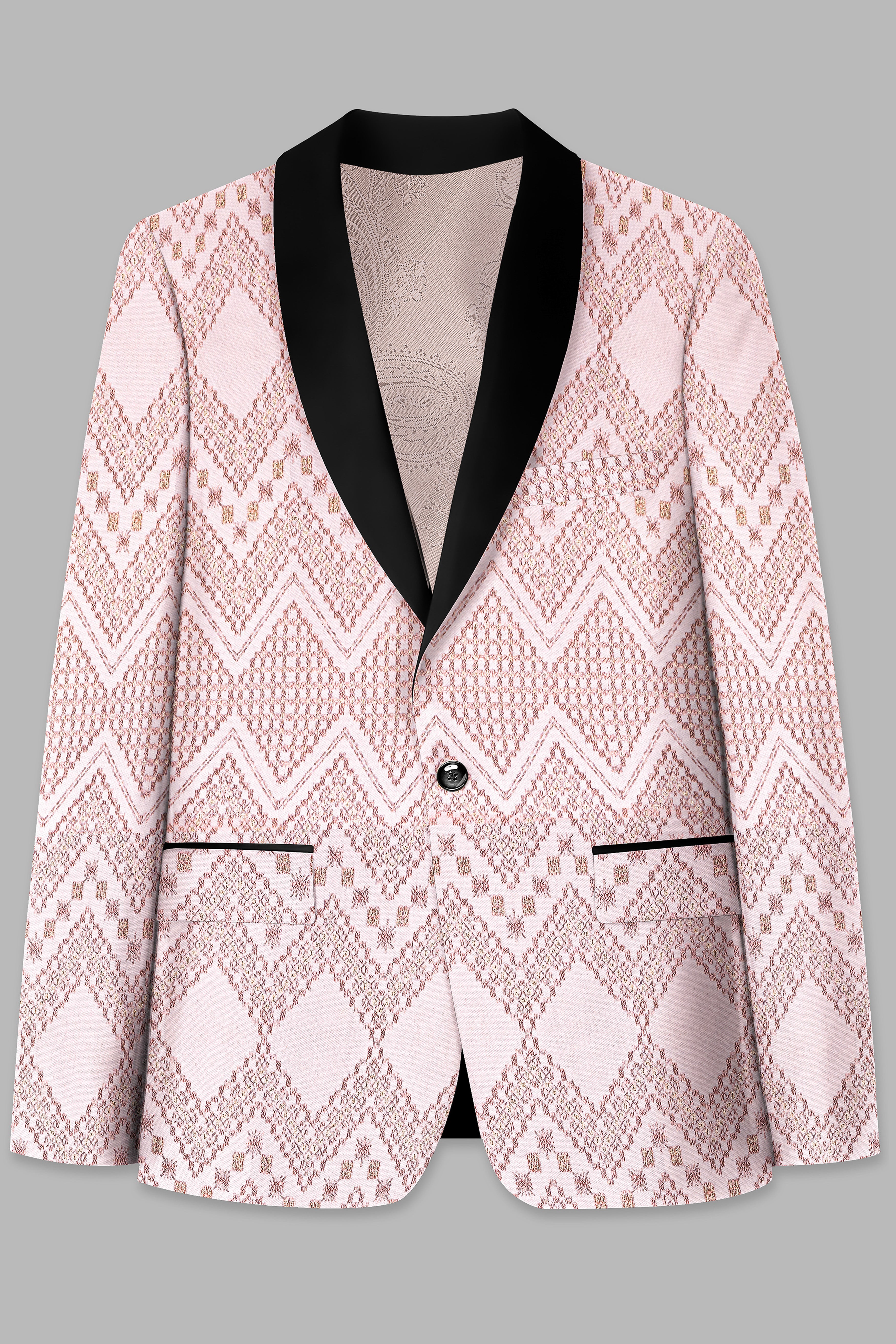 Blossom Pink Thread and Chevron Sequin Embroidered Tuxedo Blazer BL3688-BKL-36, BL3688-BKL-38, BL3688-BKL-40, BL3688-BKL-42, BL3688-BKL-44, BL3688-BKL-46, BL3688-BKL-48, BL3688-BKL-50, BL3688-BKL-52, BL3688-BKL-54, BL3688-BKL-56, BL3688-BKL-58, BL3688-BKL-60