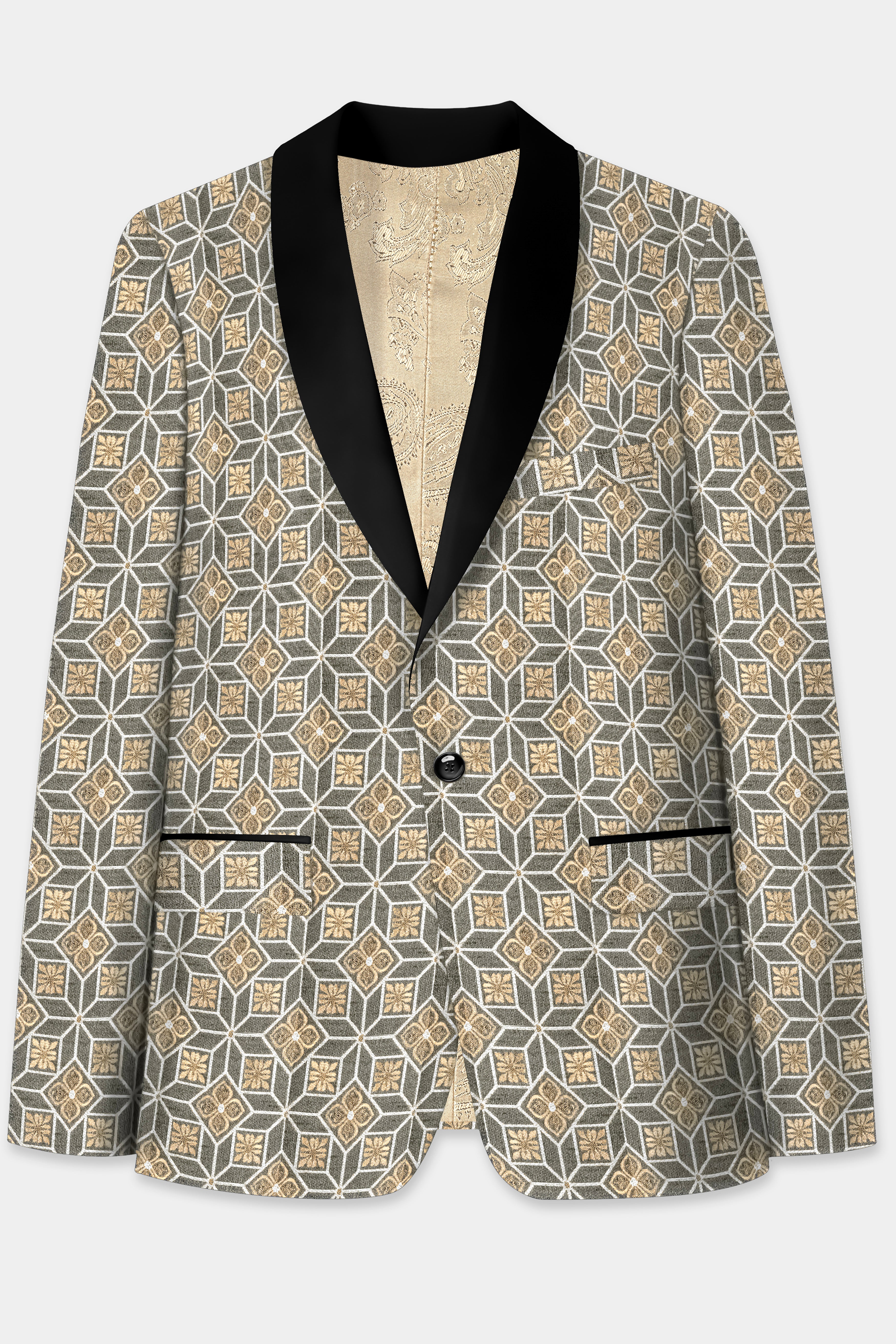 Friar Gray and Pavlova Brown Geometric Pattern Jacquard Weave Tuxedo Blazer BL3703-BKL-36, BL3703-BKL-38, BL3703-BKL-40, BL3703-BKL-42, BL3703-BKL-44, BL3703-BKL-46, BL3703-BKL-48, BL3703-BKL-50, BL3703-BKL-52, BL3703-BKL-54, BL3703-BKL-56, BL3703-BKL-58, BL3703-BKL-60