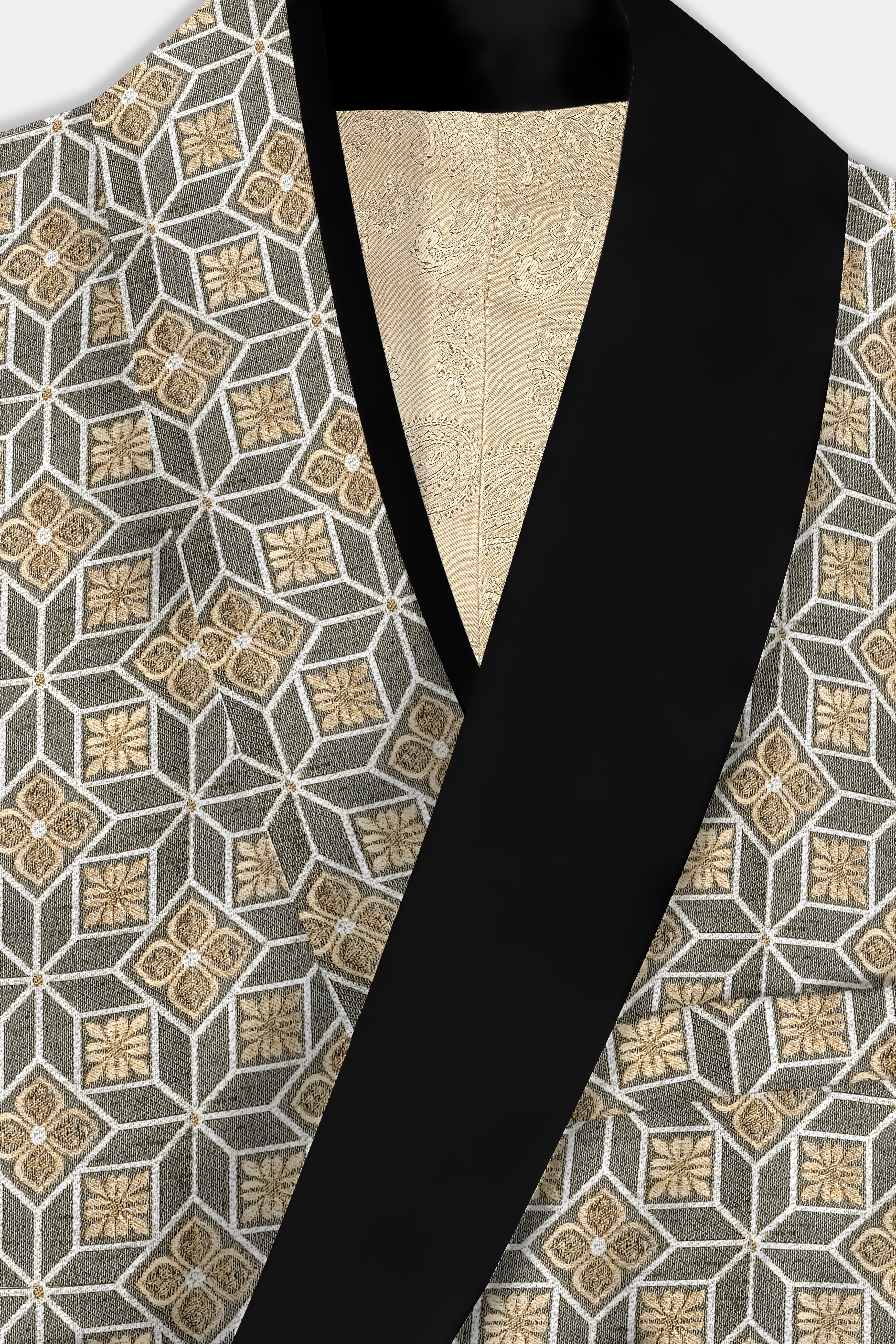 Friar Gray and Pavlova Brown Geometric Pattern Jacquard Weave Tuxedo Blazer BL3703-BKL-36, BL3703-BKL-38, BL3703-BKL-40, BL3703-BKL-42, BL3703-BKL-44, BL3703-BKL-46, BL3703-BKL-48, BL3703-BKL-50, BL3703-BKL-52, BL3703-BKL-54, BL3703-BKL-56, BL3703-BKL-58, BL3703-BKL-60