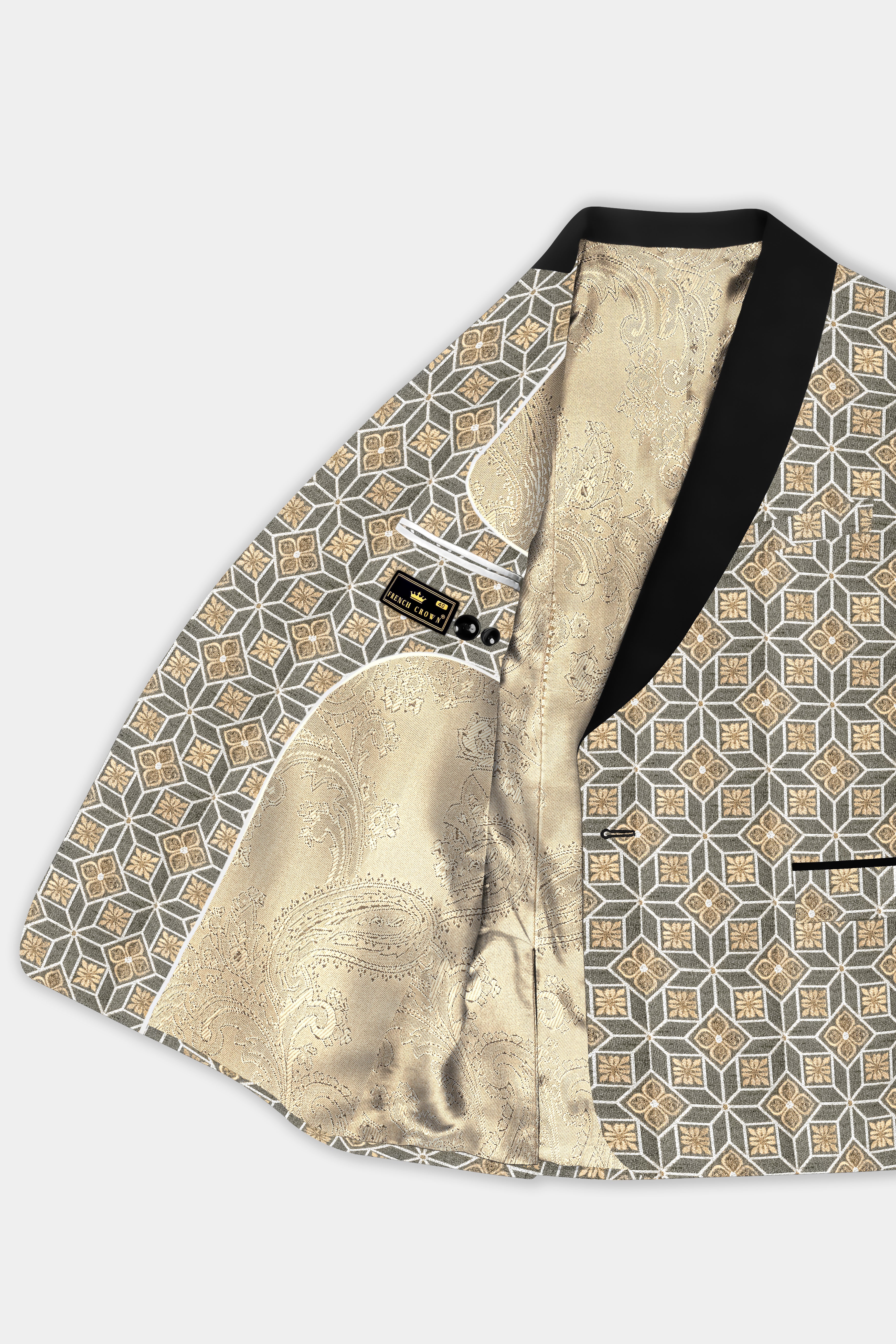 Friar Gray and Pavlova Brown Geometric Pattern Jacquard Weave Tuxedo Blazer BL3703-BKL-36, BL3703-BKL-38, BL3703-BKL-40, BL3703-BKL-42, BL3703-BKL-44, BL3703-BKL-46, BL3703-BKL-48, BL3703-BKL-50, BL3703-BKL-52, BL3703-BKL-54, BL3703-BKL-56, BL3703-BKL-58, BL3703-BKL-60