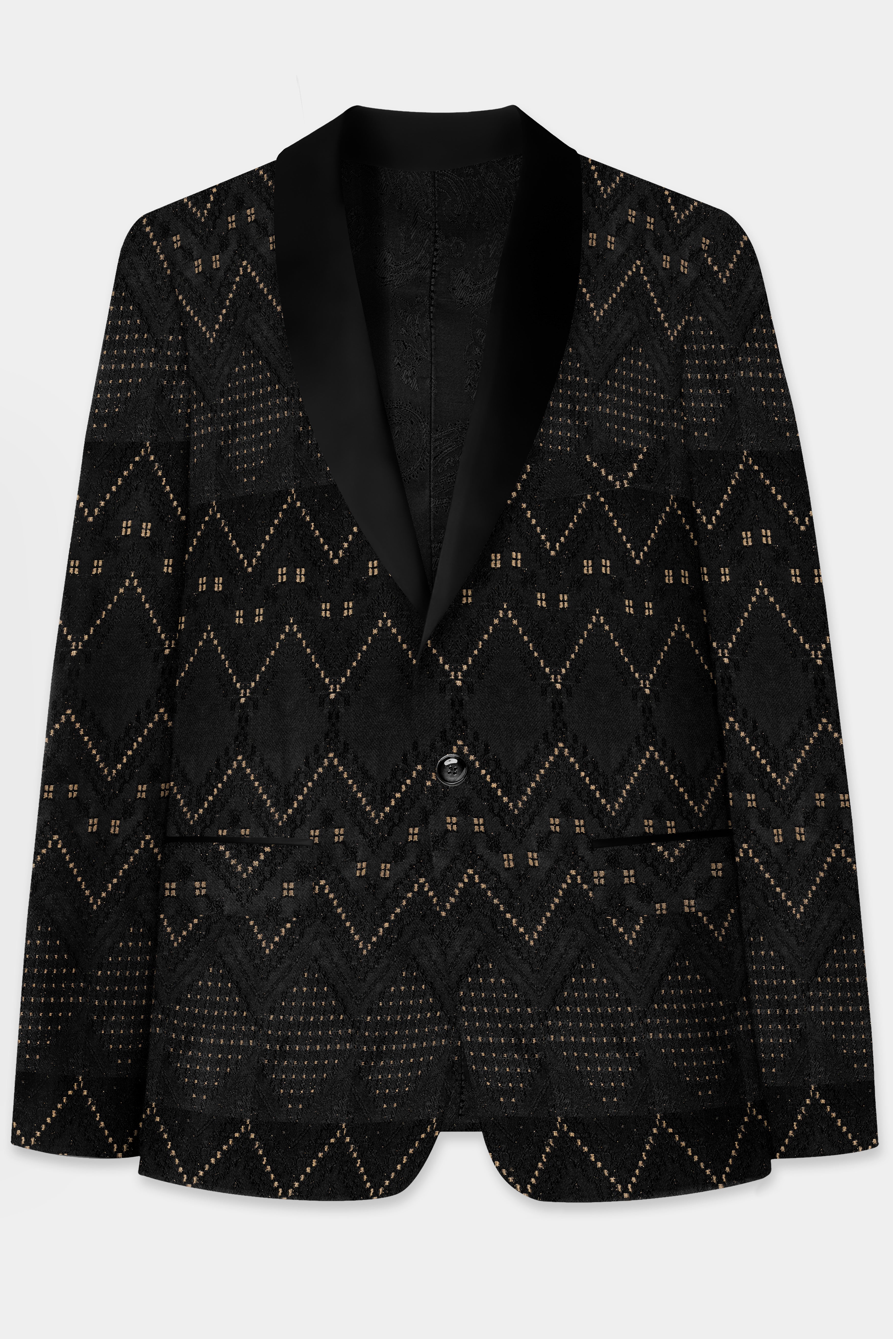 Jade Black and Porshe Cream Chevron Jacquard Weave Tuxedo Blazer BL3726-BKL-36, BL3726-BKL-38, BL3726-BKL-40, BL3726-BKL-42, BL3726-BKL-44, BL3726-BKL-46, BL3726-BKL-48, BL3726-BKL-50, BL3726-BKL-52, BL3726-BKL-54, BL3726-BKL-56, BL3726-BKL-58, BL3726-BKL-60