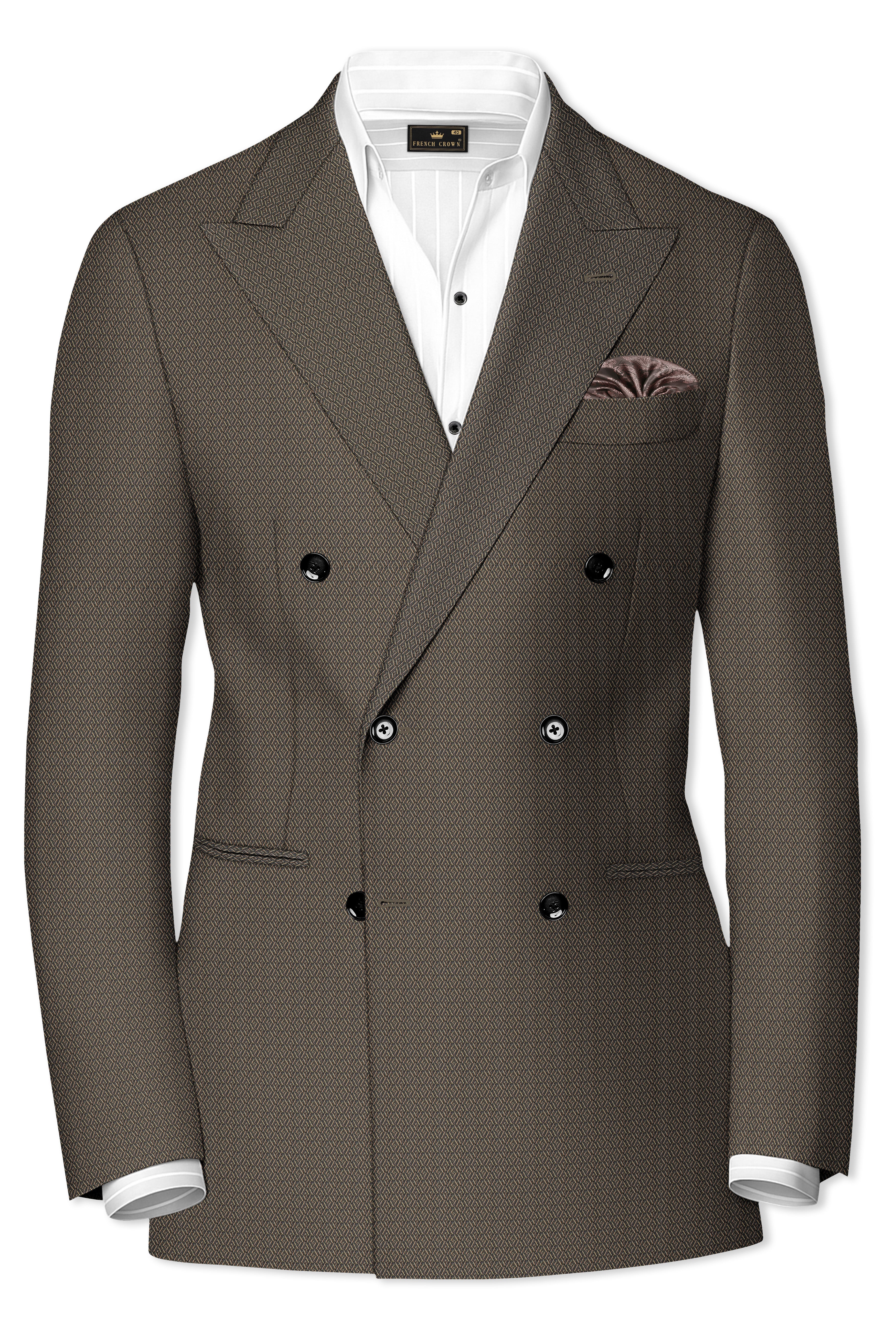 Wenge Brown Dobby Textured wool blend Double breasted Blazer