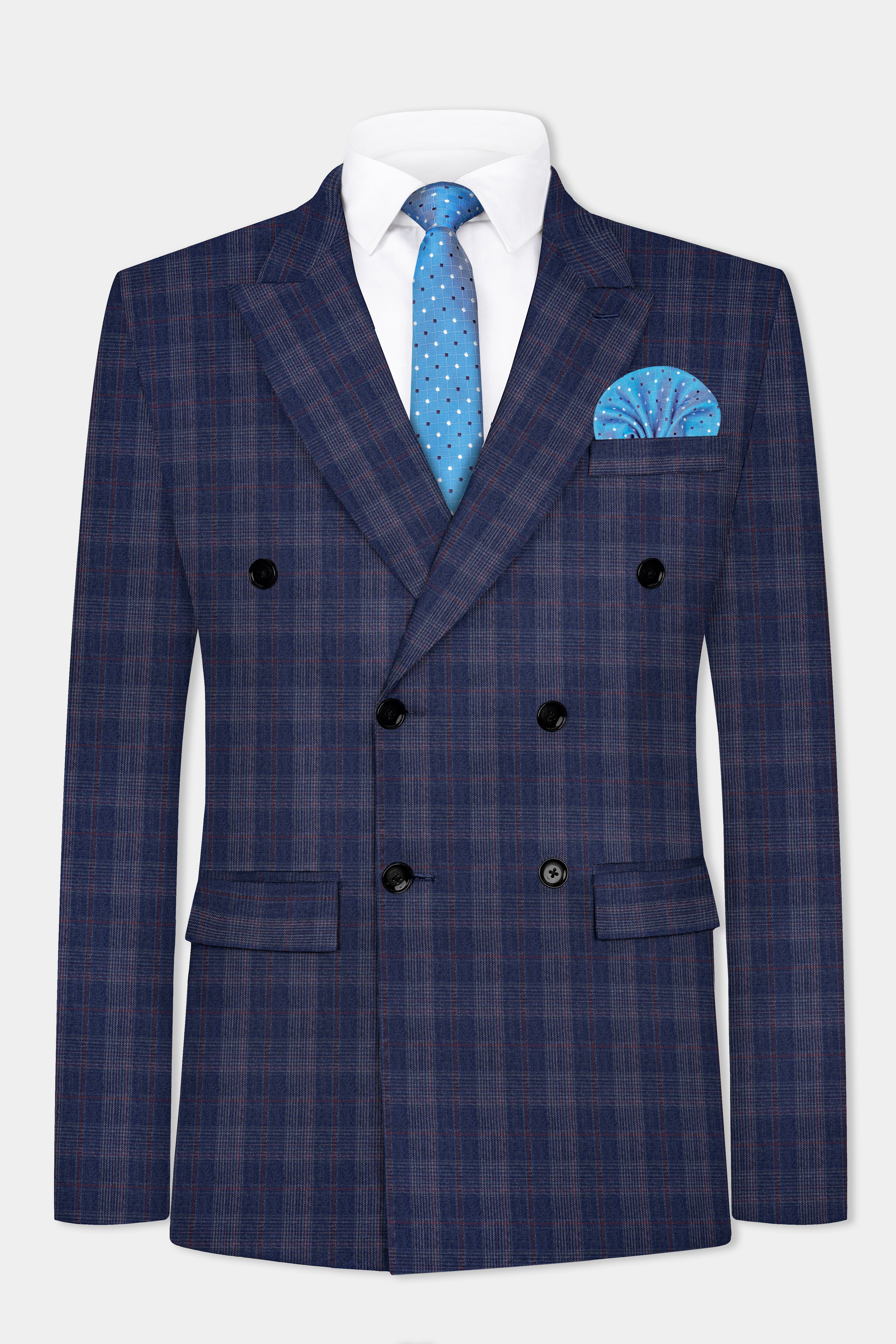 Tuna Blue Checkered Wool Blend Double Breasted Blazer