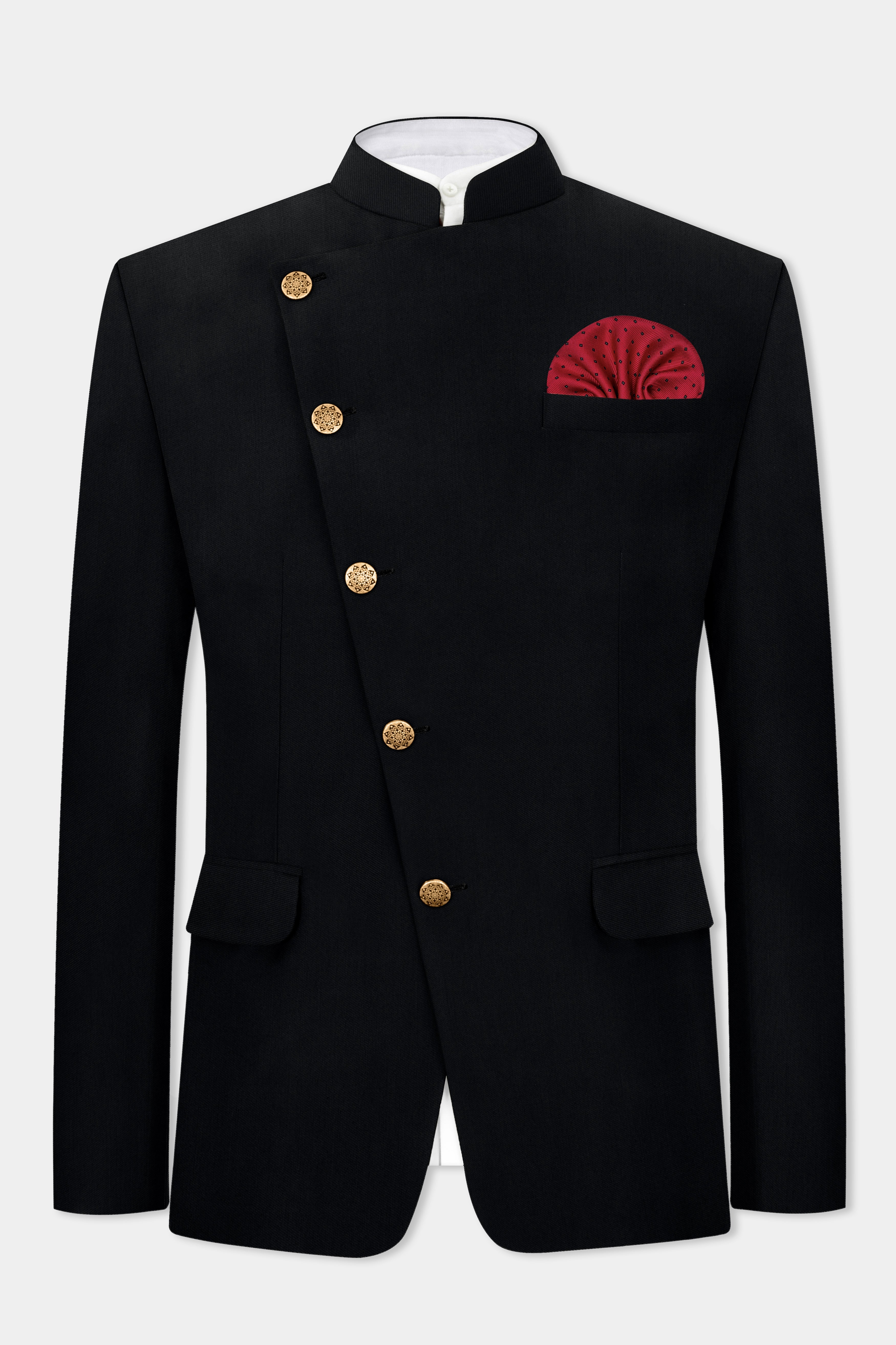 Jade Black Plain Solid Wool Blend Cross Placket Bandhgala Blazer