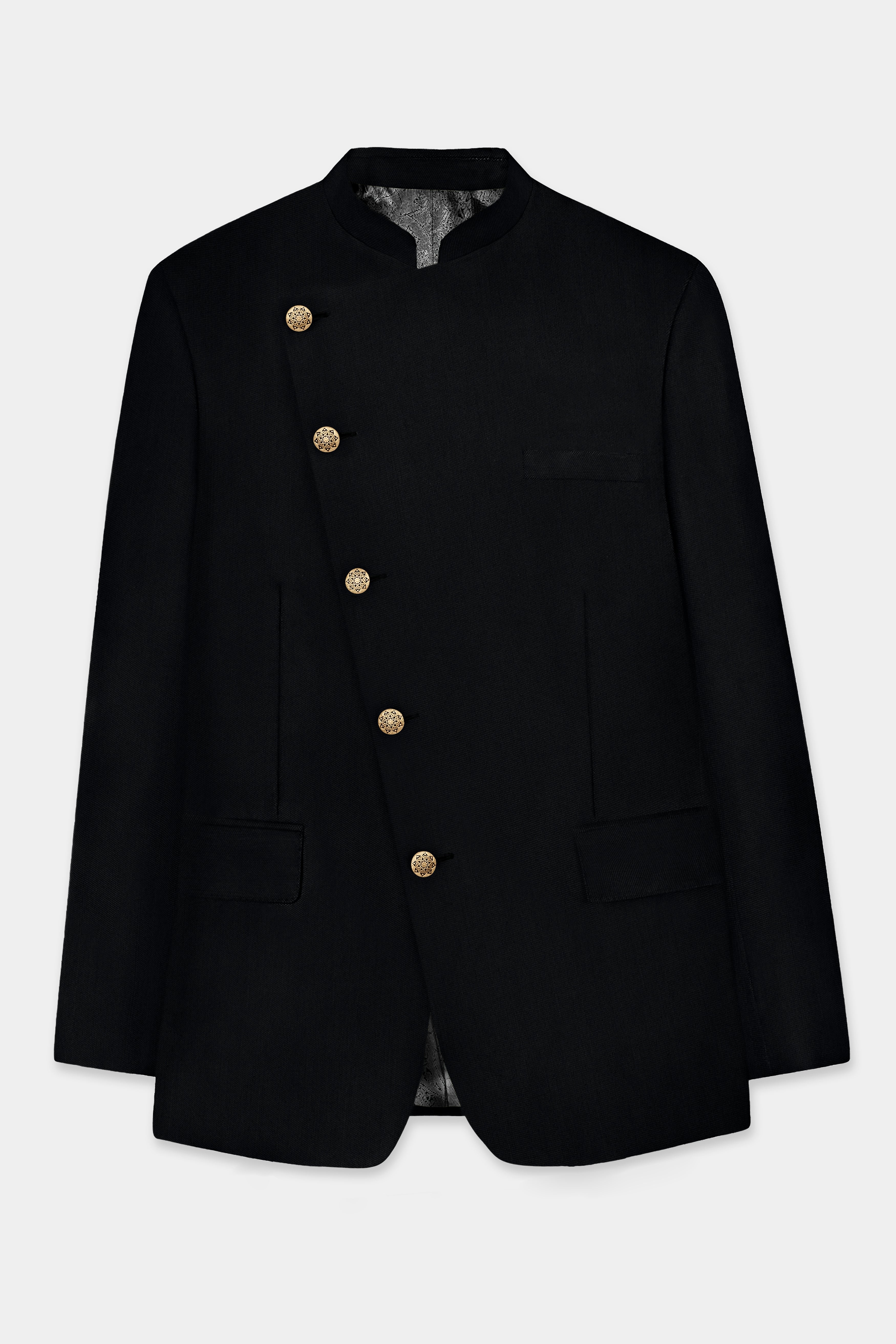 Jade Black Plain Solid Wool Blend Cross Placket Bandhgala Blazer