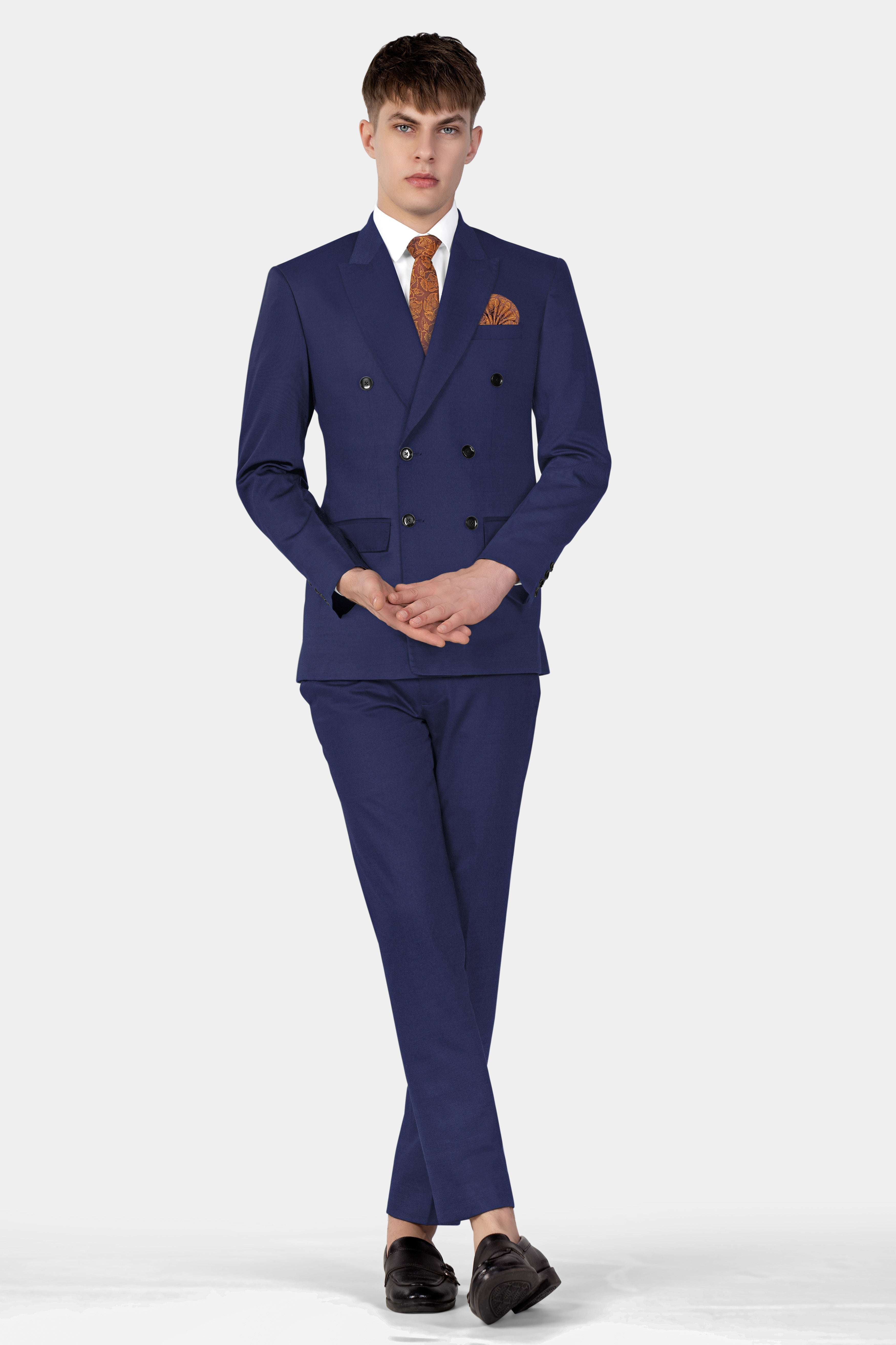 Tealish Blue Plain Solid Wool Blend Double Breasted Blazer