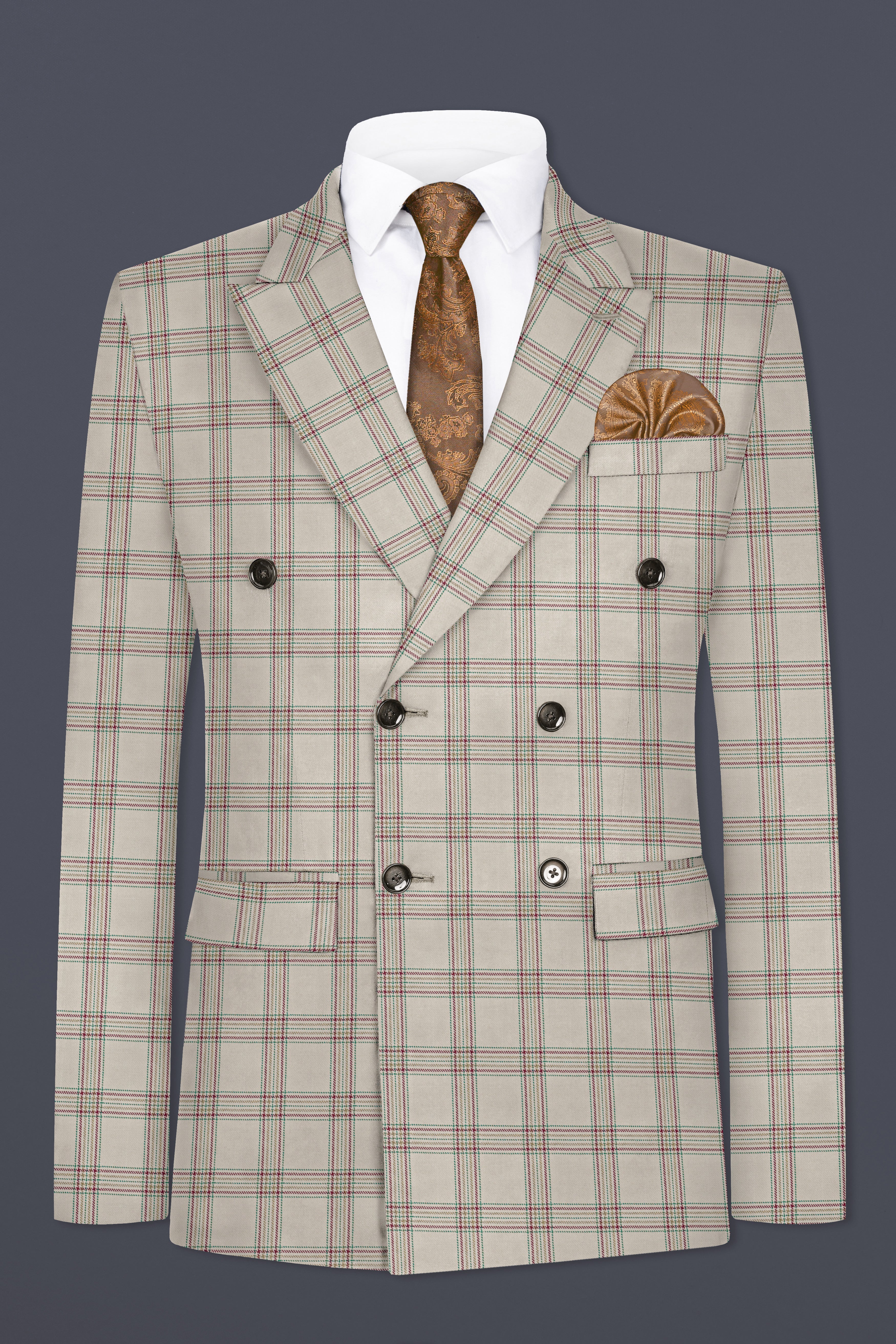 Swirl Cream with Maroon and Green windowpane Tweed Double Breasted Blazer