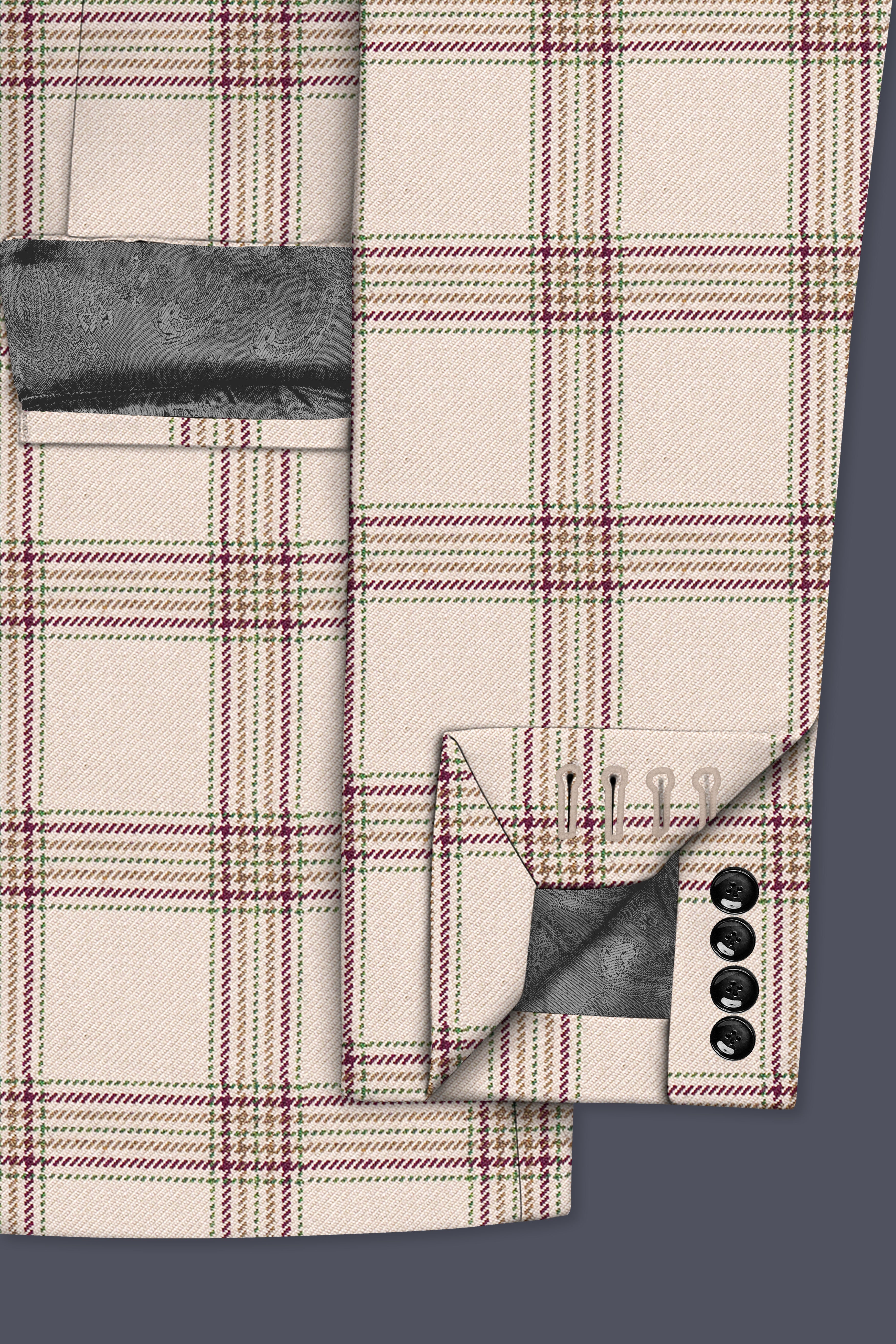 Swirl Cream with Maroon and Green windowpane Tweed Double Breasted Blazer