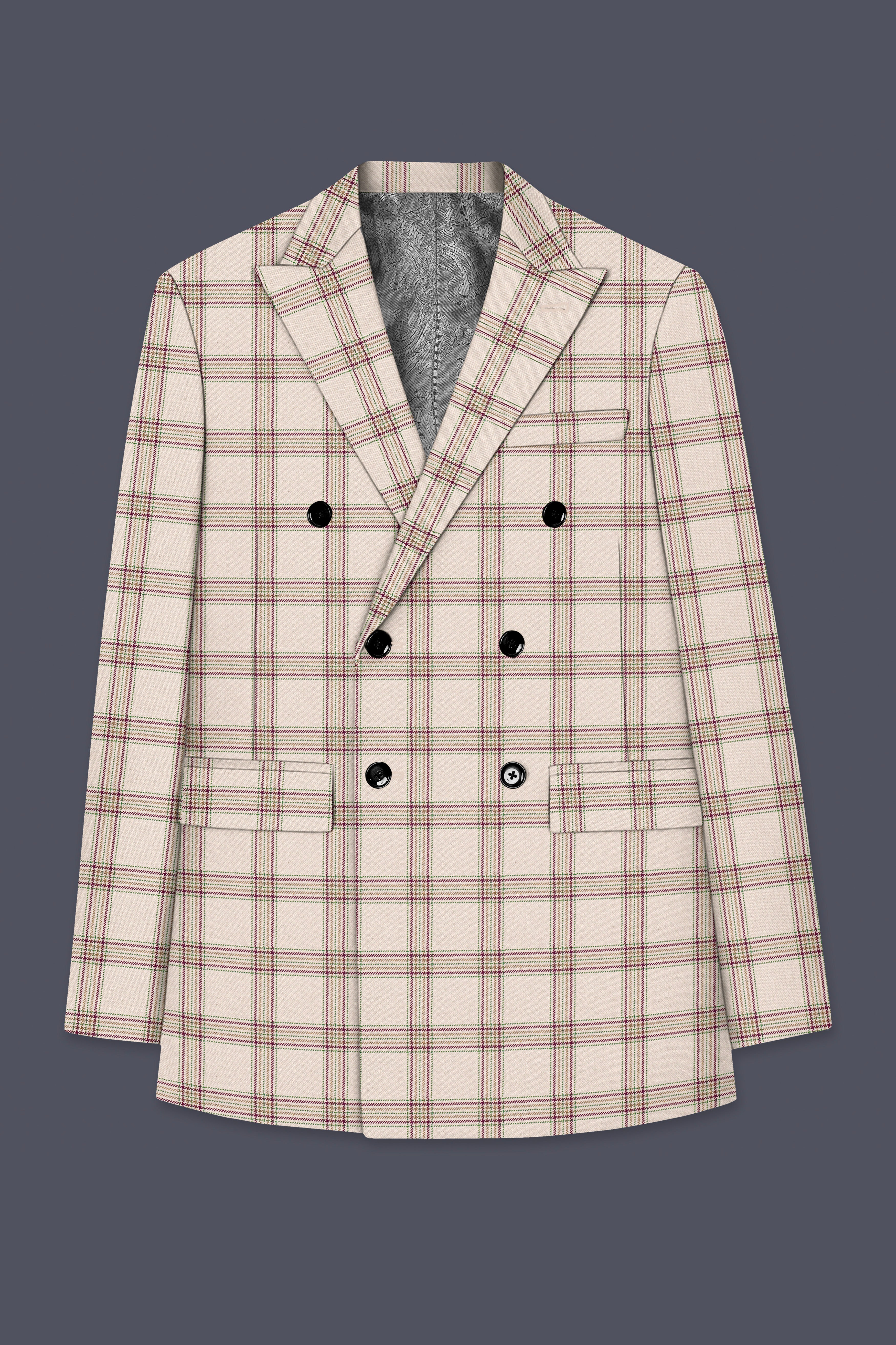 Swirl Cream with Maroon and Green windowpane Tweed Double Breasted Blazer