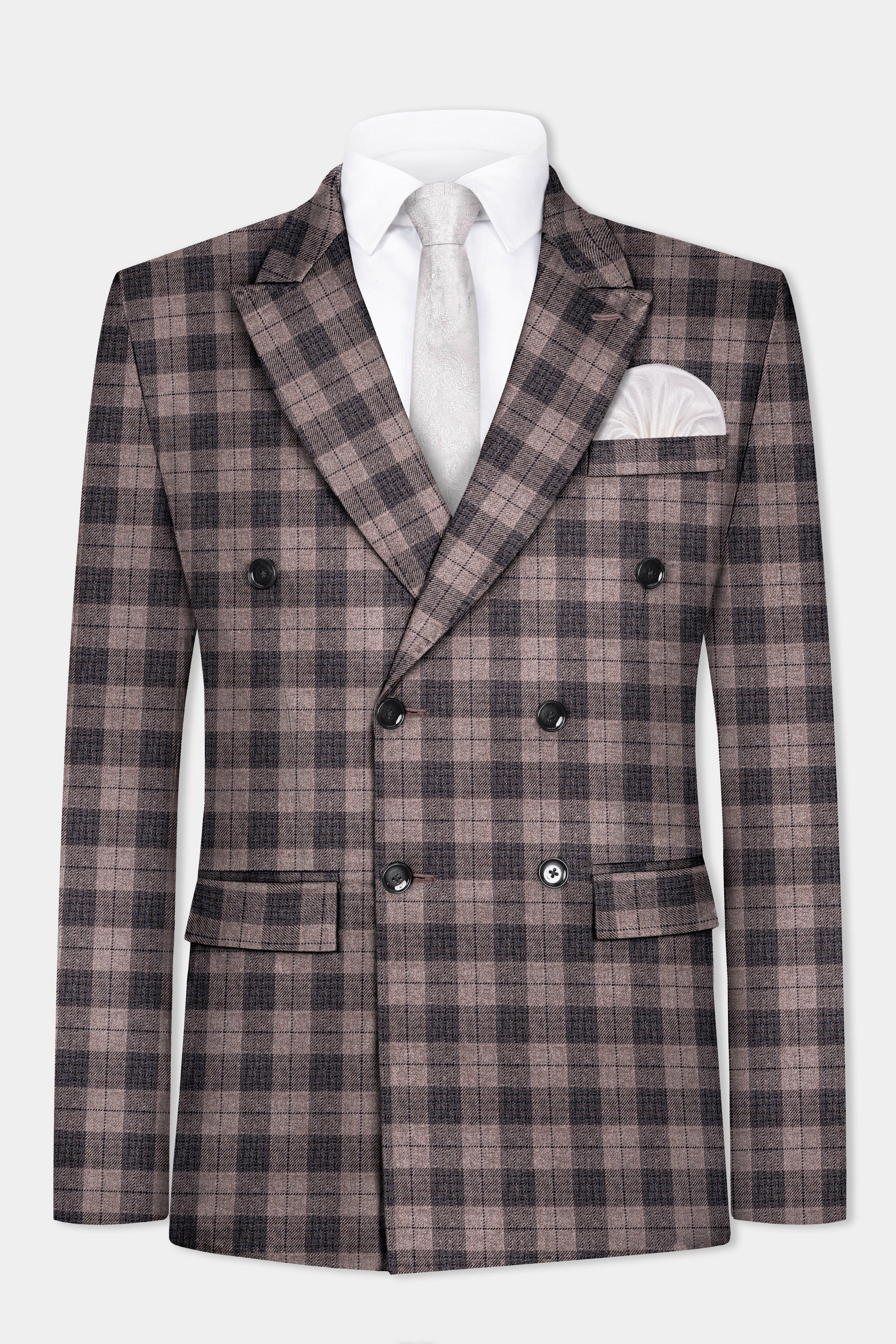 Vampire Brown Checks Plaid Tweed Double Breasted Blazer