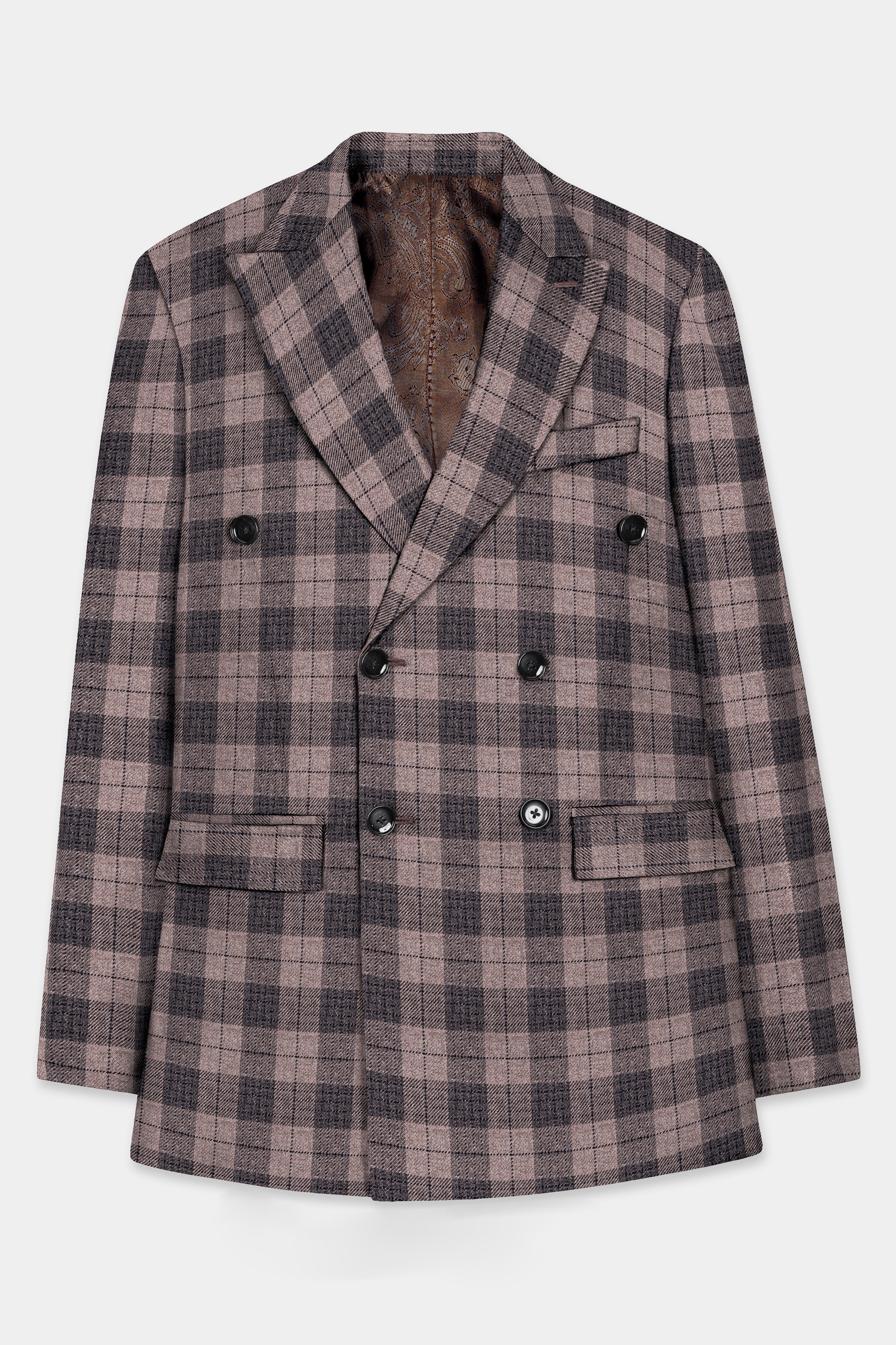 Vampire Brown Checks Plaid Tweed Double Breasted Blazer