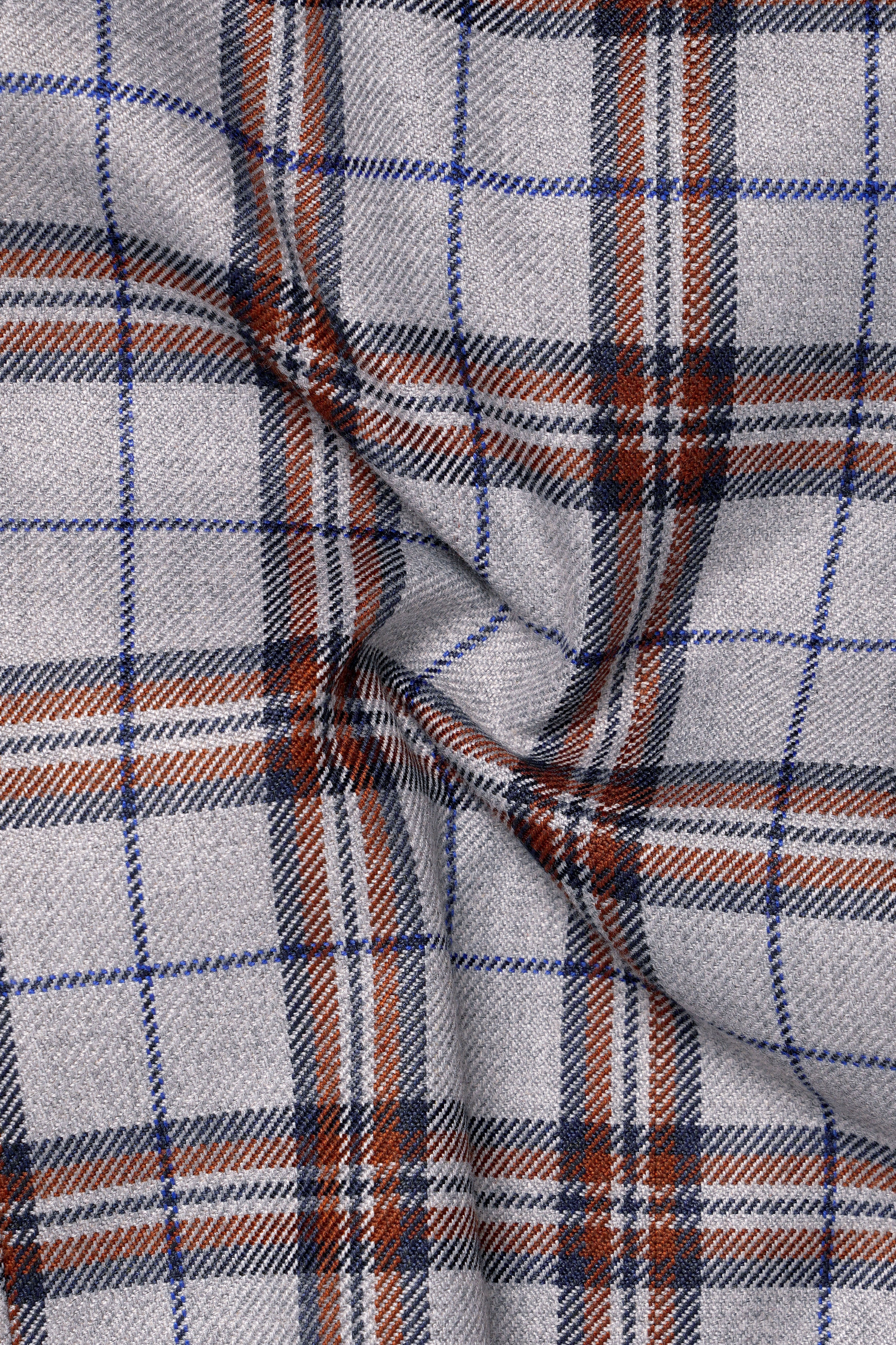 Cadet Grey with Maroon and Blue Plaid Double Breasted Tweed Blazer