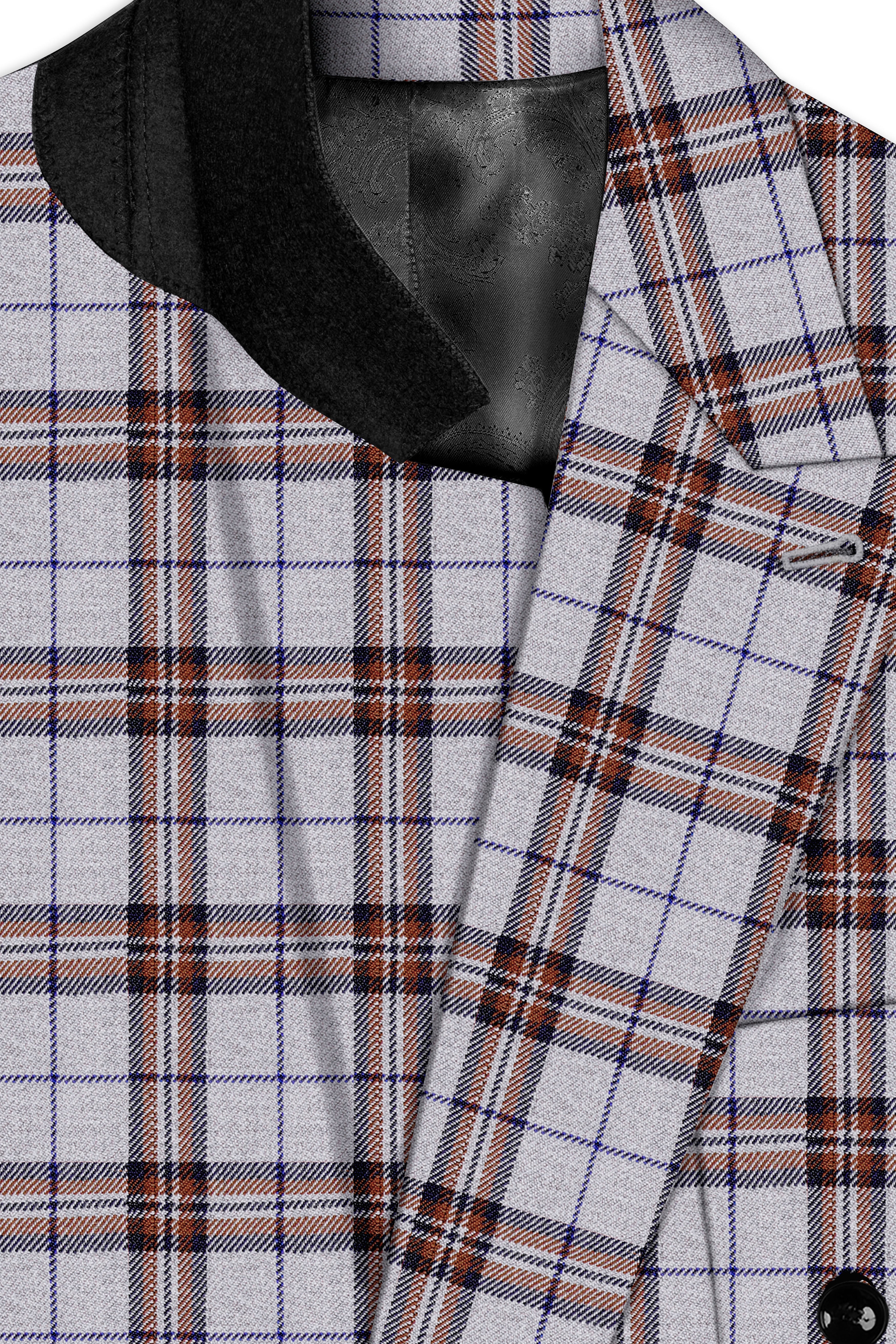 Cadet Grey with Maroon and Blue Plaid Double Breasted Tweed Blazer